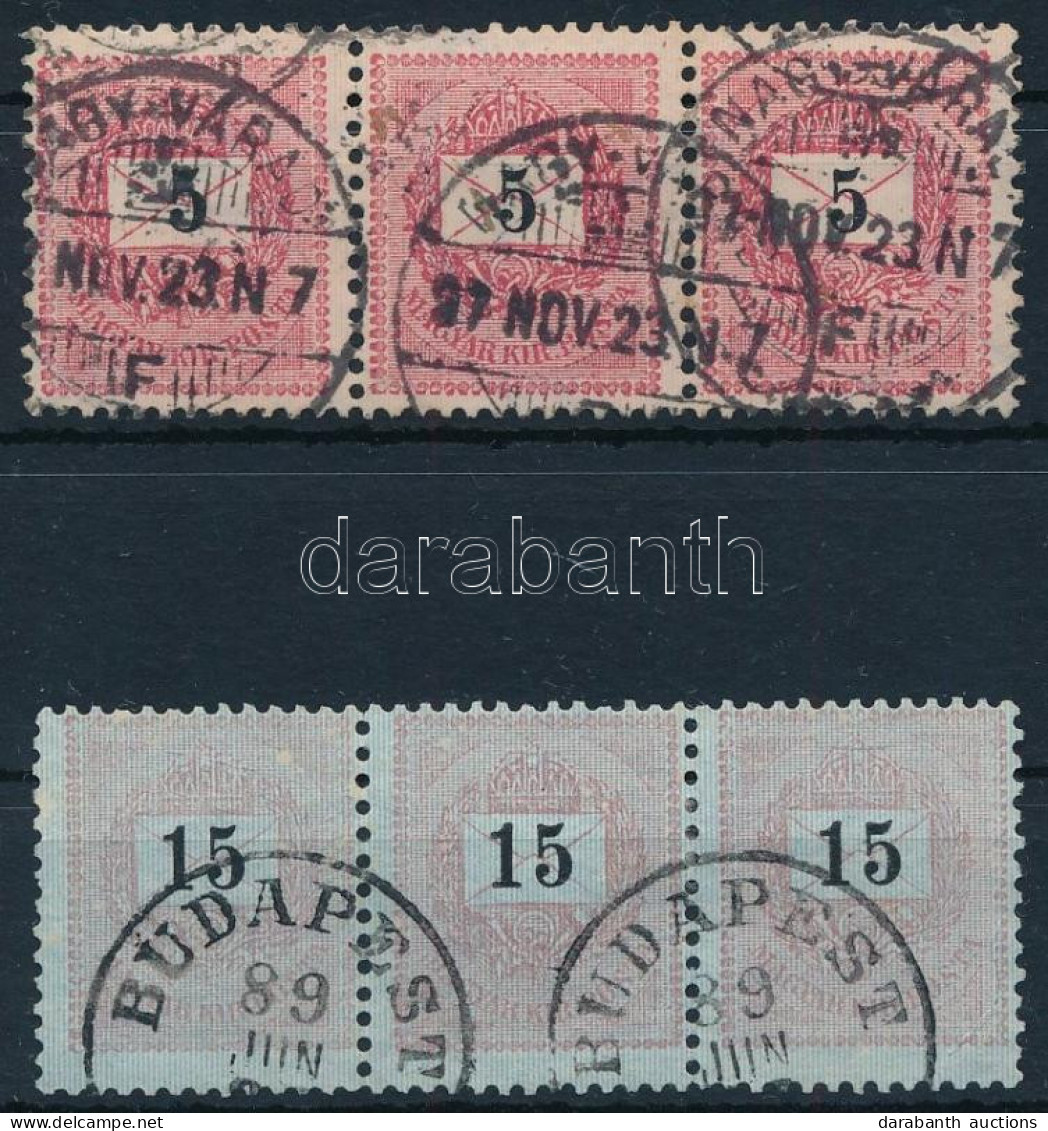 O 1889 5kr, 15kr 2 Db Hármascsík: Lemezhiba, Fáklya, Foltok / Stripes Of 3: Plate Flaw, Spots - Other & Unclassified