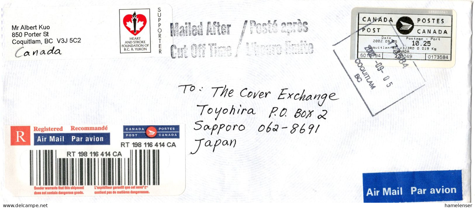 L77202 - Canada - 2002 - $10.25 Postfreistpl A R-LpBf COQUITLAM -> Japan - Lettres & Documents