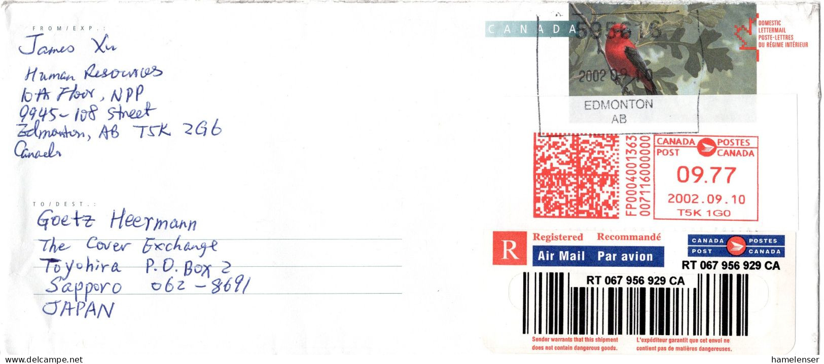 L77203 - Canada - 2002 - "Domestic" GAU "Vogel" M ZusFrankatur Als R-LpBf EDMONTON -> Japan - Cartas & Documentos