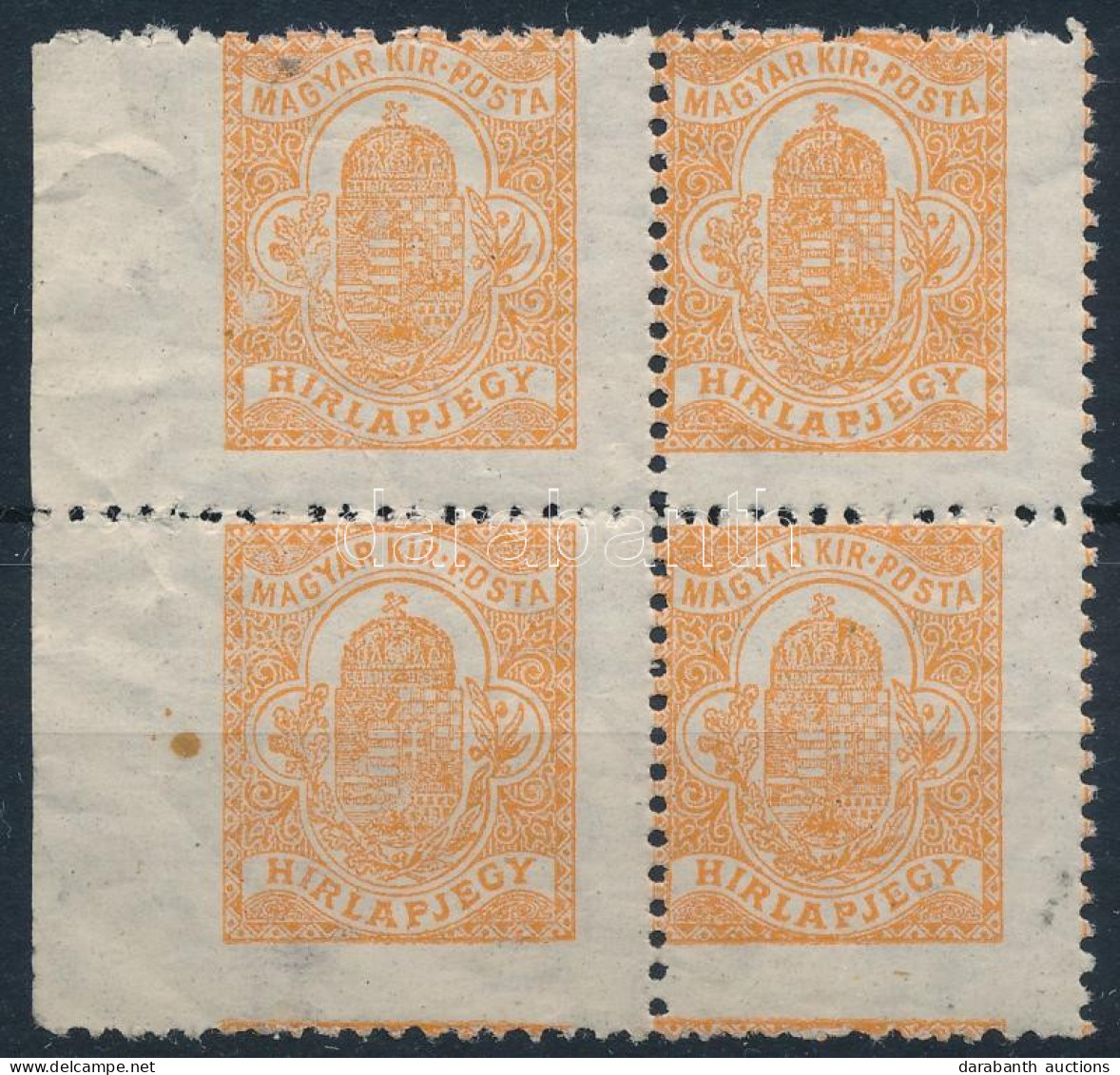 ** 1913 Hírlapbélyeg Négyestömb Magánfogazással (foltok) / Newspaper Stamp Block Of 4 With Private Perforation (spots) - Autres & Non Classés