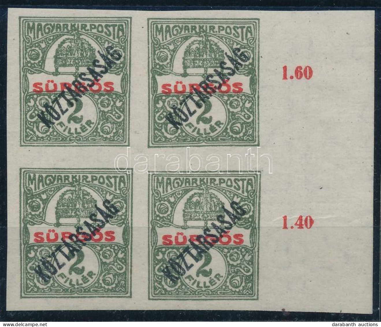 ** 1918 Sürgős/Köztársaság ívszéli Vágott Négyestömb (10.000+) / Mi 222 Imperforate Margin Block Of 4 - Andere & Zonder Classificatie