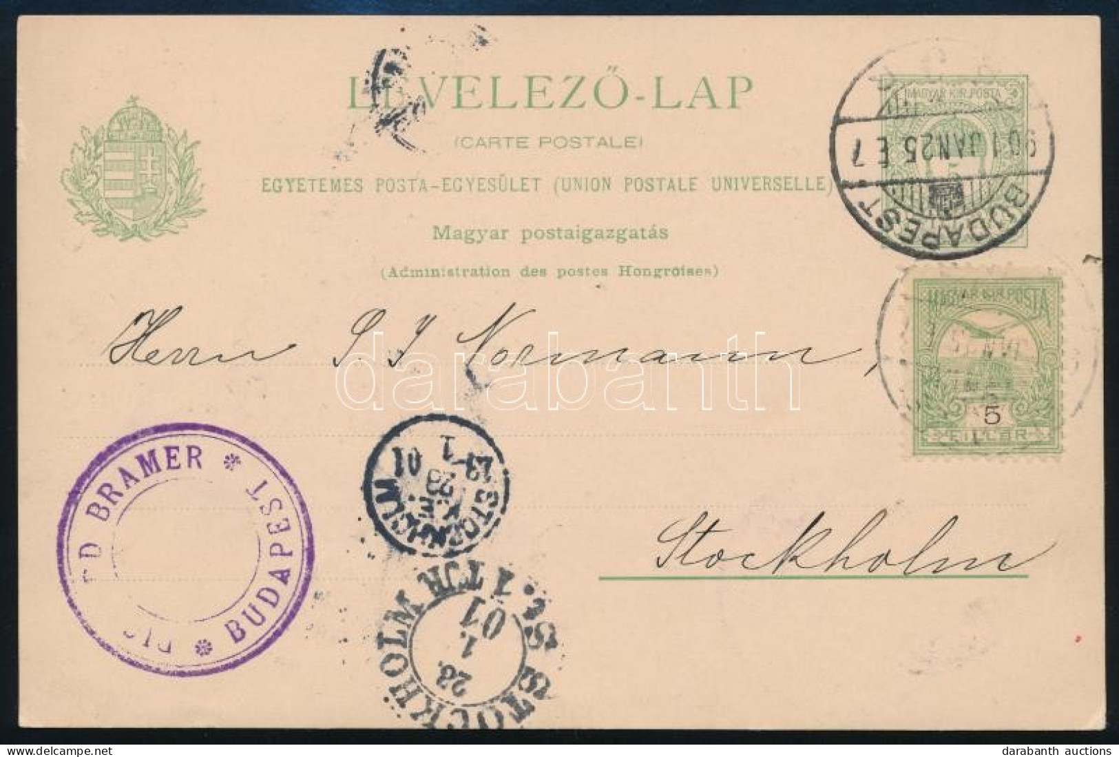 1901 Díjjegyes Levelezőlap 5f Díjkiegészítéssel Stockholmba / PS-card With Additional Franking To Stockholm - Andere & Zonder Classificatie