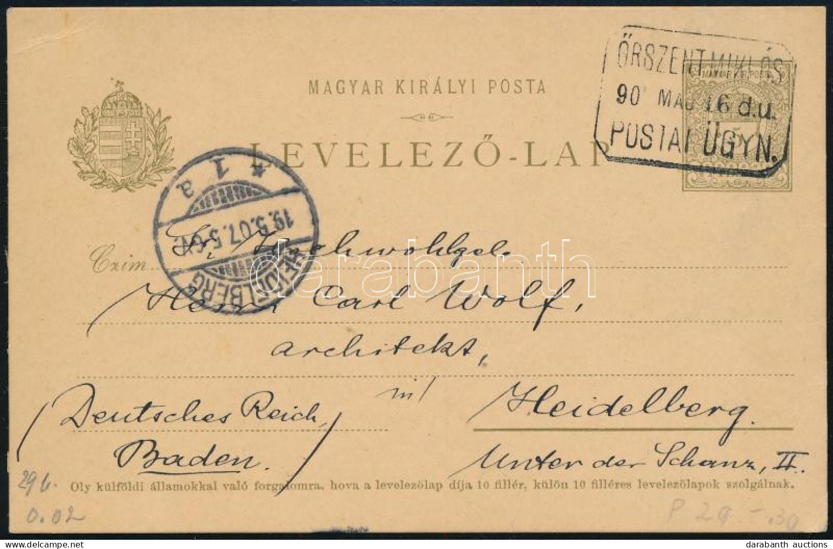 1907 5f Díjjegyes Levelezőlap "ŐRSZENTMIKLÓS" Postaügynökségi Bélyegzéssel Németországba / PS-card With Postal Agency Po - Other & Unclassified