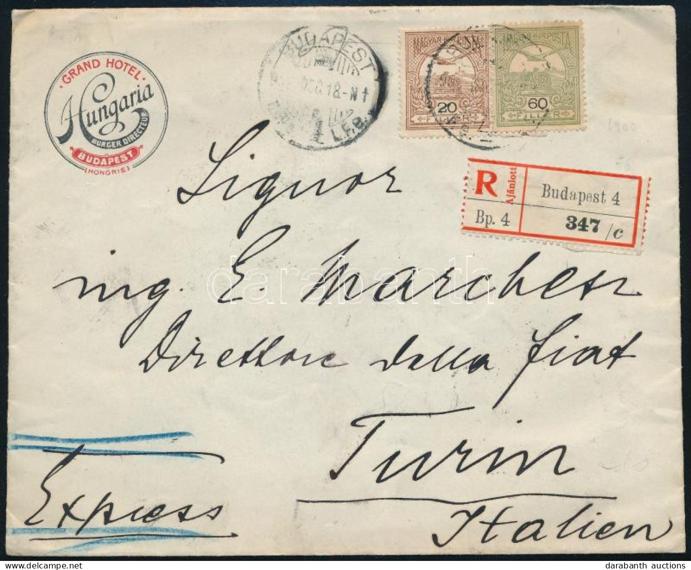 1908 Expressz Ajánlott Levél 80f Bérmentesítéssel Budapestről Torinóba, Látványos Hátoldallal / Express Registered Cover - Autres & Non Classés