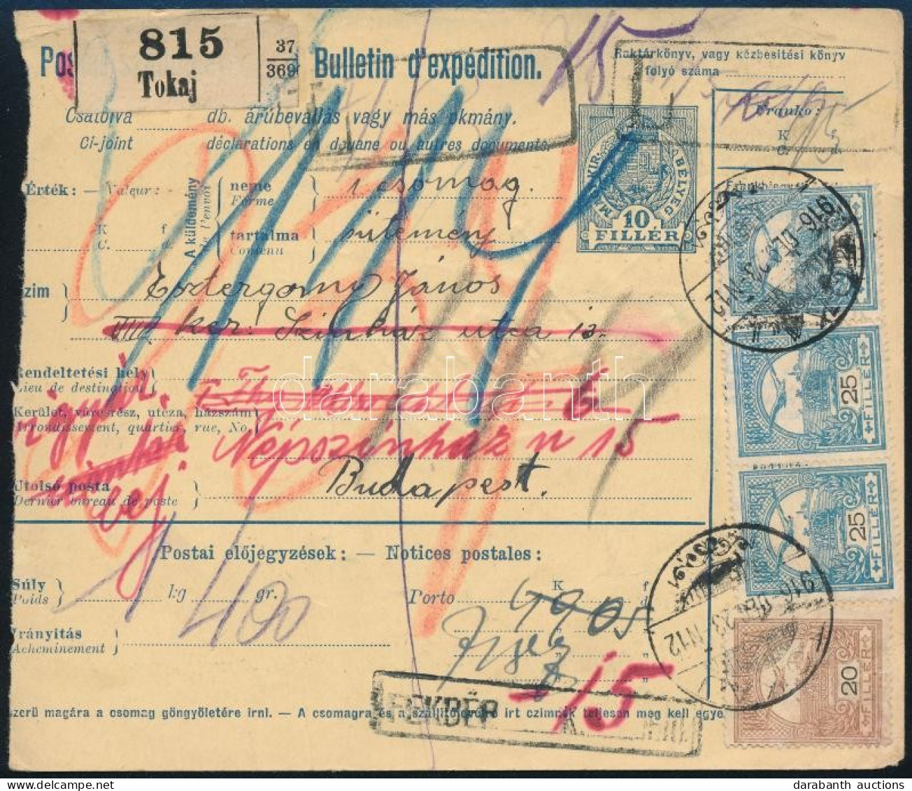 1916 Csomagszállító 95f Bérmentesítéssel, 15f Fekbérrel és 25f Visszajelentési Díjjal / Parcel Card - Autres & Non Classés