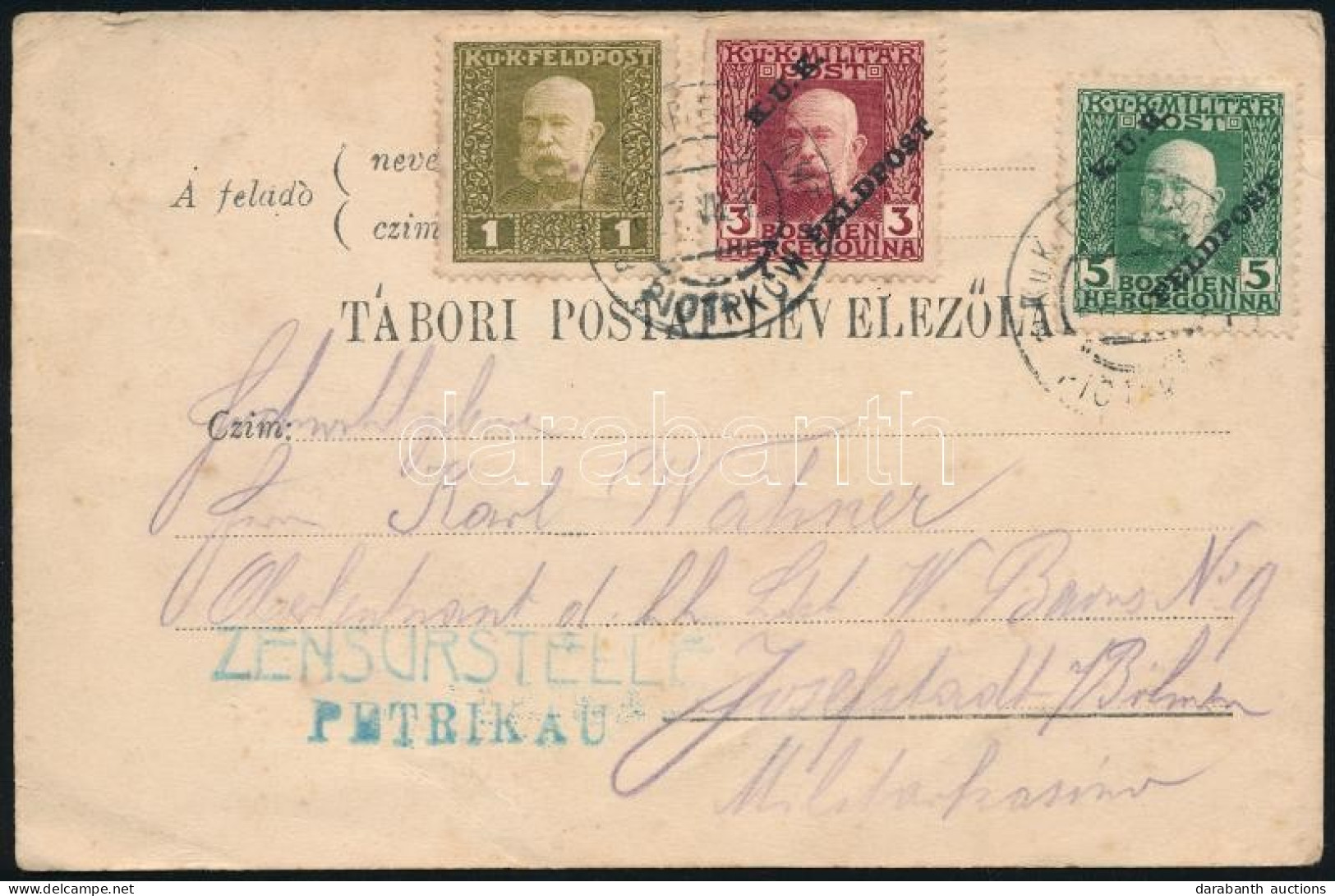 1915 Tábori Posta Levelezőlap 3 Színű Bélyeges Bérmentesítéssel / Field Postcard With 3 Different Stamps, "EP PIOTRKOW A - Andere & Zonder Classificatie