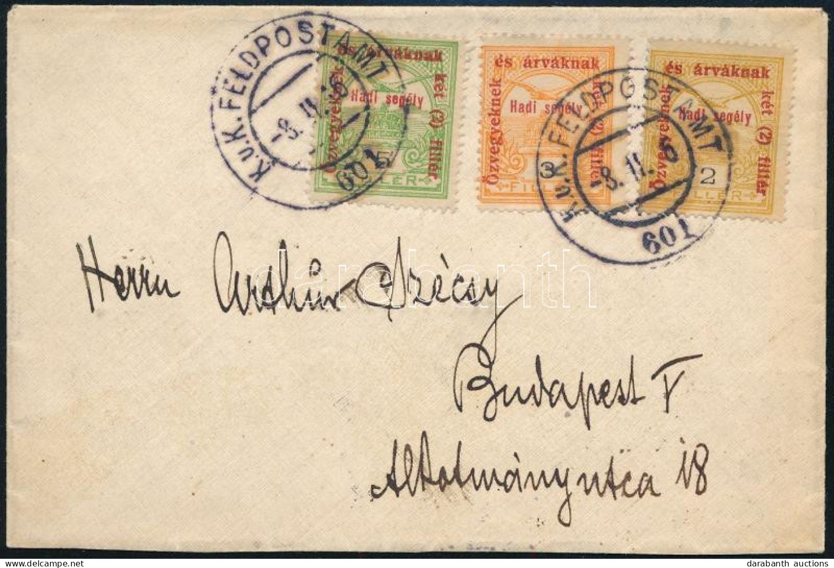 1916 Kis Alakú Levélen 3 Db Hadisegély II. Bélyeg "K.u.K. FELDPOSTAMT 601" Bélyegzéssel / Cover "FP 601" - Budapest - Autres & Non Classés