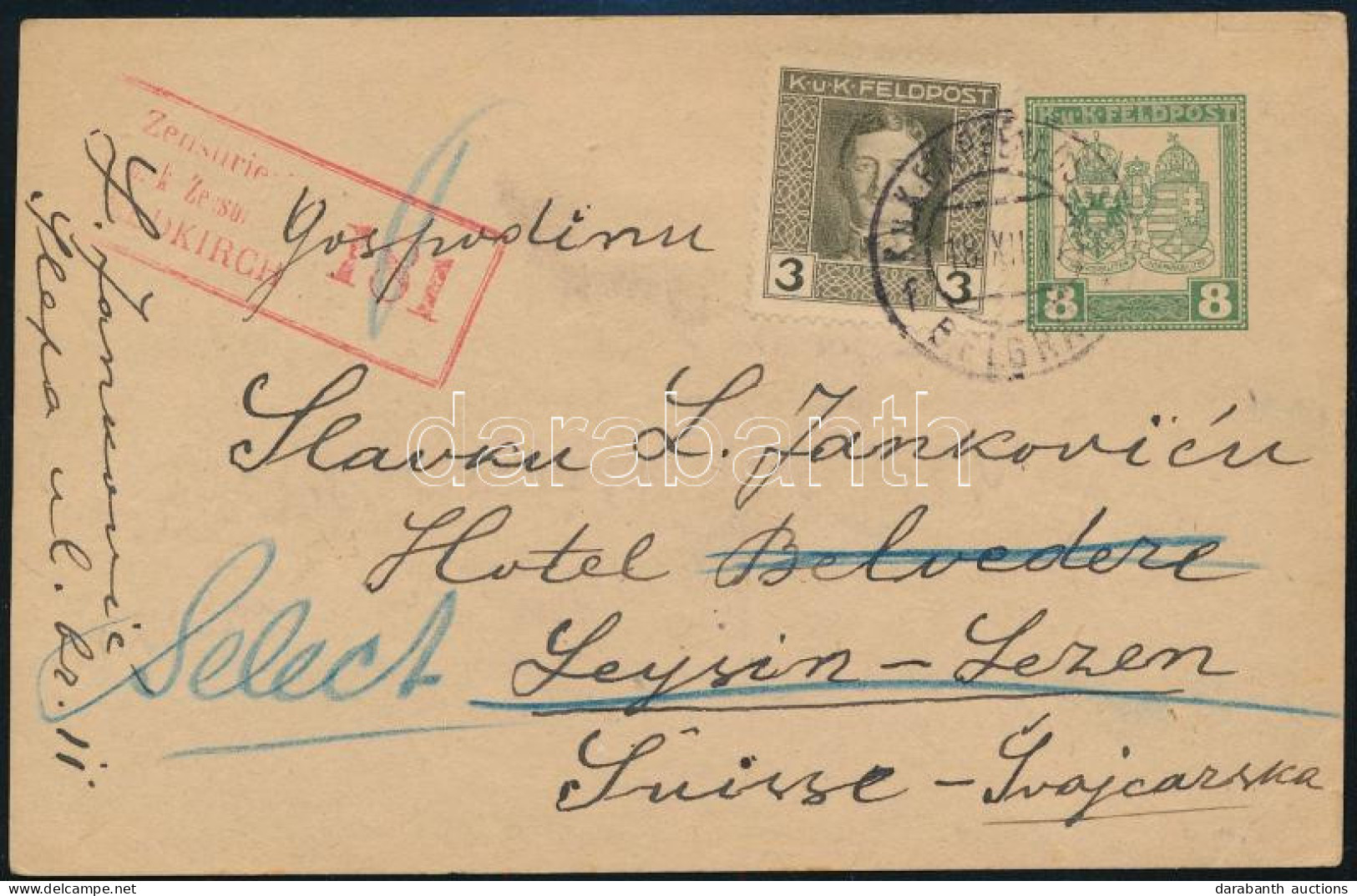 1917 Díjkiegészített Díjjegyes, Cenzúrázott Levelezőlap Svájcba / Censored PS-card With Additional Franking To Switzerla - Andere & Zonder Classificatie