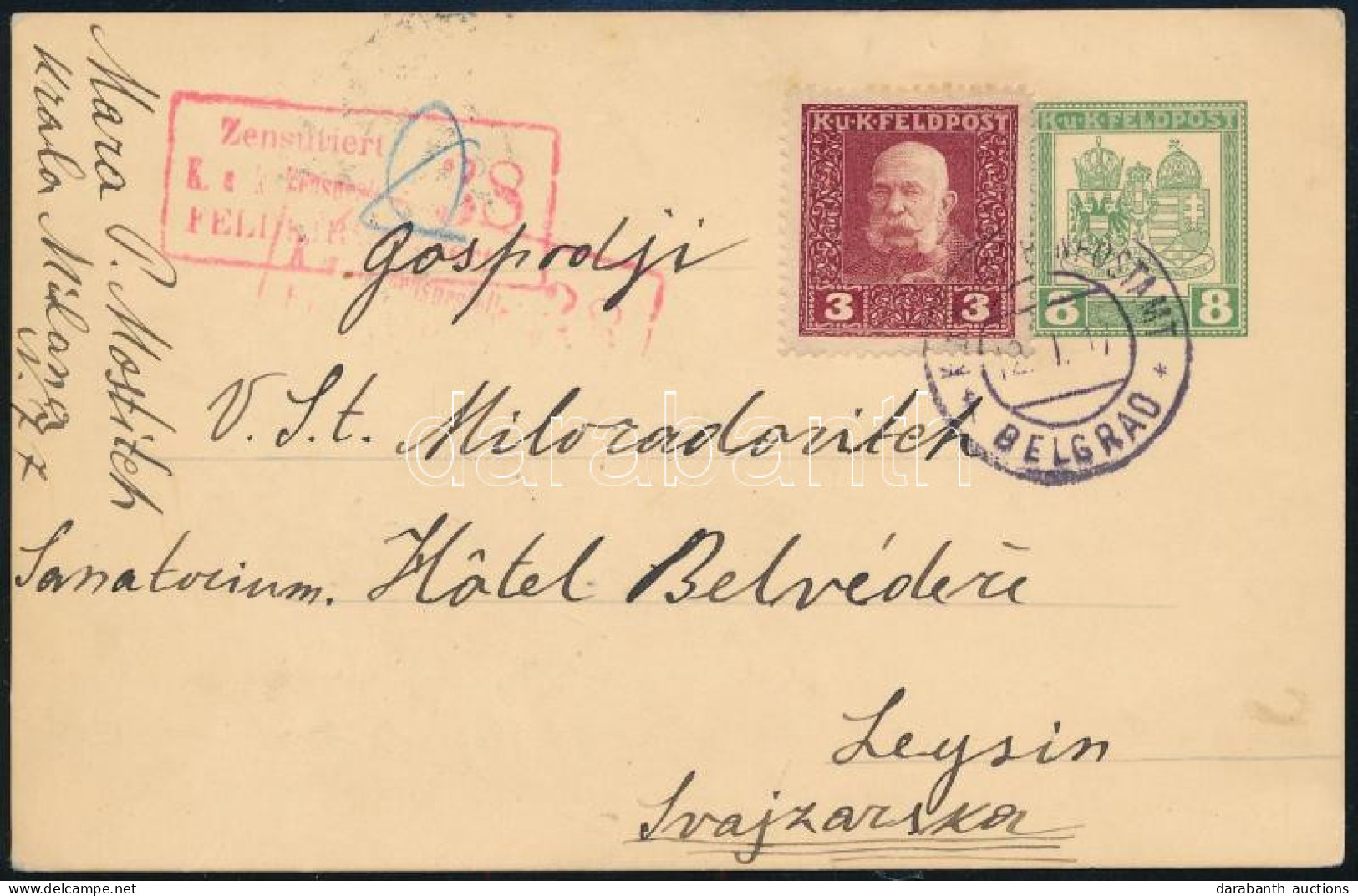 1917 Díjkiegészített Díjjegyes, Cenzúrázott Levelezőlap Svájcba / Censored PS-card With Additional Franking To Switzerla - Altri & Non Classificati