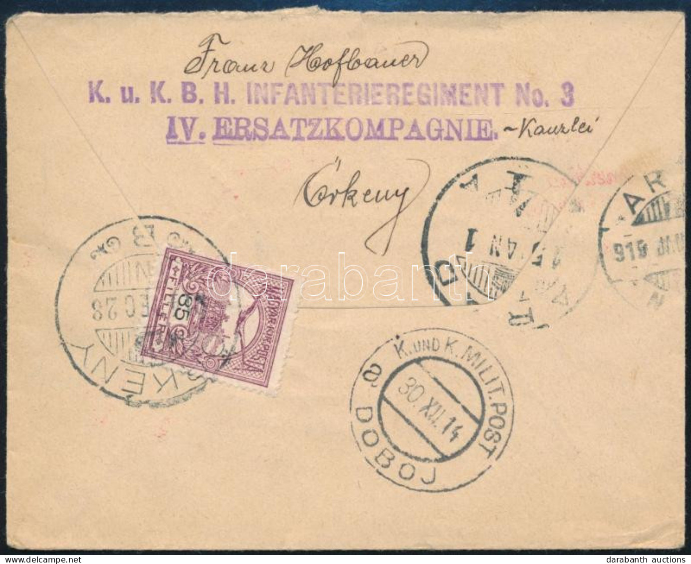 1914 Ajánlott Levél Turul 35f Bérmentesítéssel Örkényből Boszniába, Onnan Aradra Továbbítva, Cenzúrázva / Censored Regis - Sonstige & Ohne Zuordnung