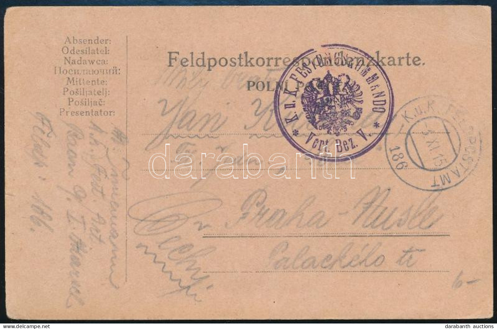 1915 Tábori Posta Levelezőlap / Field Postcard "K.u.K. FESTUNGSKOMMANDO / Vert. Bez. V." + "FP 186" - Autres & Non Classés