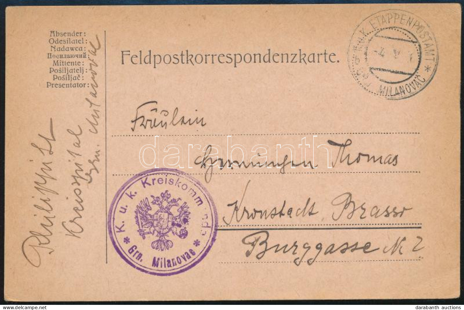 1916 Tábori Posta Levelezőlap / Field Postcard "K.u.k. Kreiskommando Grm. Milanovac" + "EP MILANOVAC" - Sonstige & Ohne Zuordnung