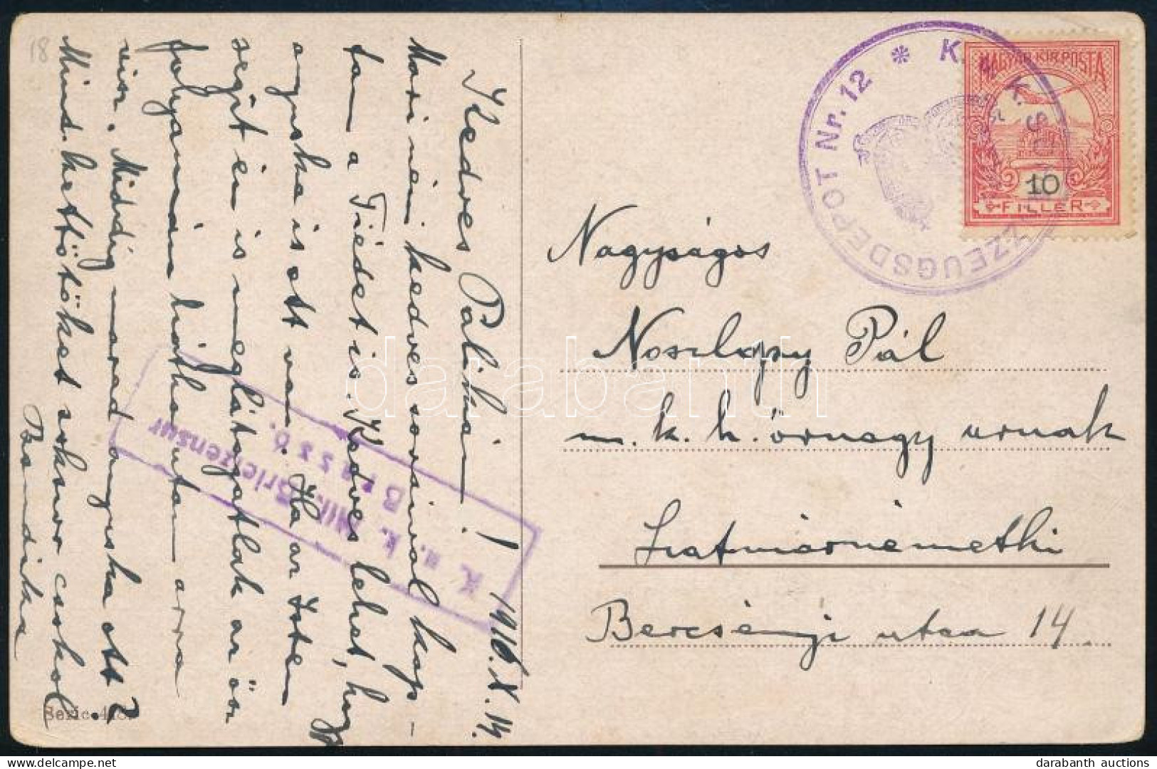 1916 Képeslap Turul 10f Bélyeggel, Brassói Cenzúrával / Postcard With Censorship "K.u.K. ... ZEUGSDEPOT Nr.12." - Otros & Sin Clasificación