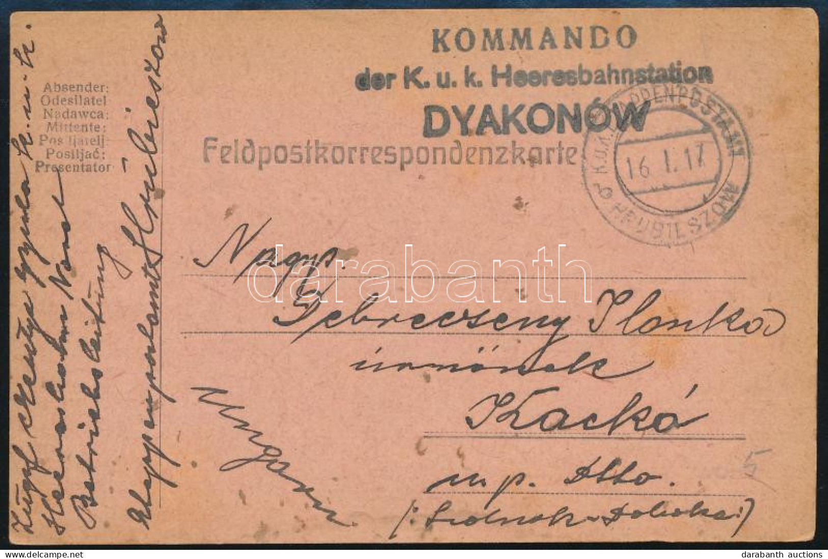 1917 Tábori Posta Levelezőlap / Field Postcard "KOMMANDO Der K.u.k. Heeresbahnstation DYAKONOW" + "EP HRUBIESZOW B" - Otros & Sin Clasificación