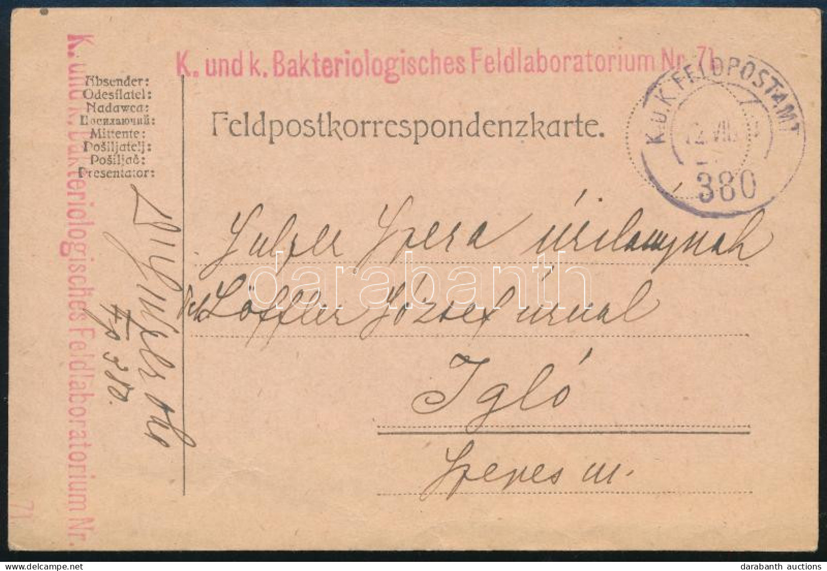 1917 Tábori Posta Levelezőlap / Field Postcard "K. Und K. Bakteriologisches Feldlaboratorium Nr. 71." + "FP 380" - Other & Unclassified