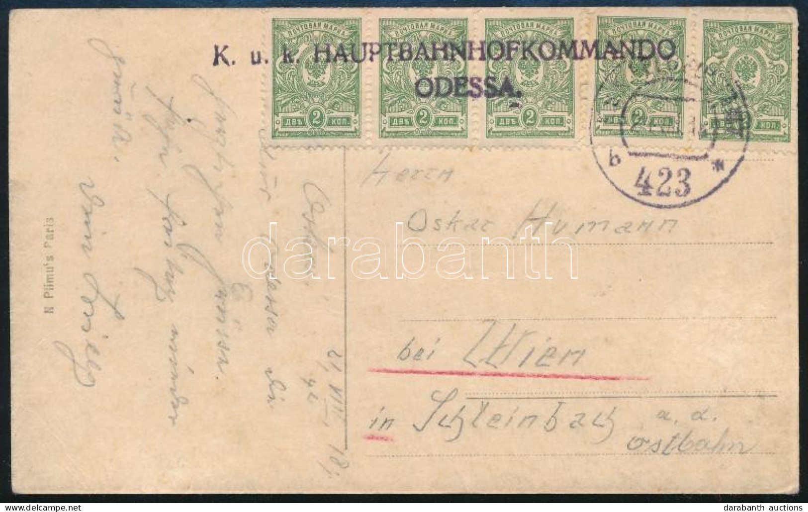 1918 Ukrán Képeslap Orosz Bélyegekkel "K.u.k. HAUPTBAHNHOFKOMMANO ODESSA" + "FP 423 B" - Wien - Other & Unclassified