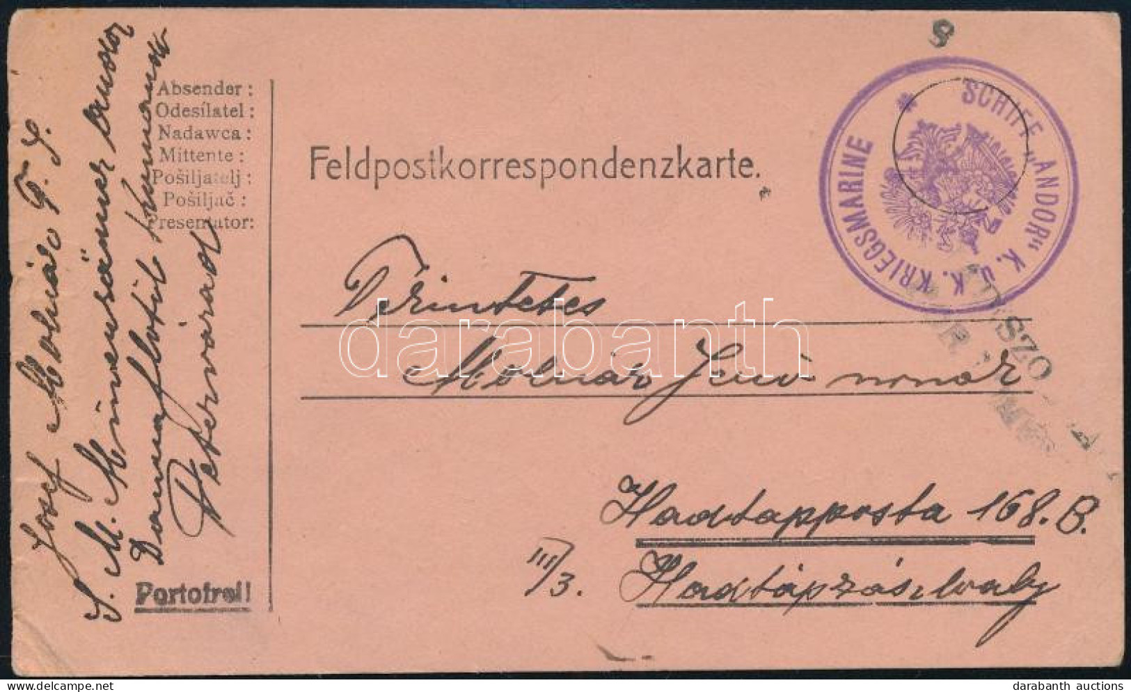 1915 Tábori Posta Levelezőlap / Field Postcard "SCHIFF ANDOR K.u.K. KRIEGSMARINE" - Other & Unclassified
