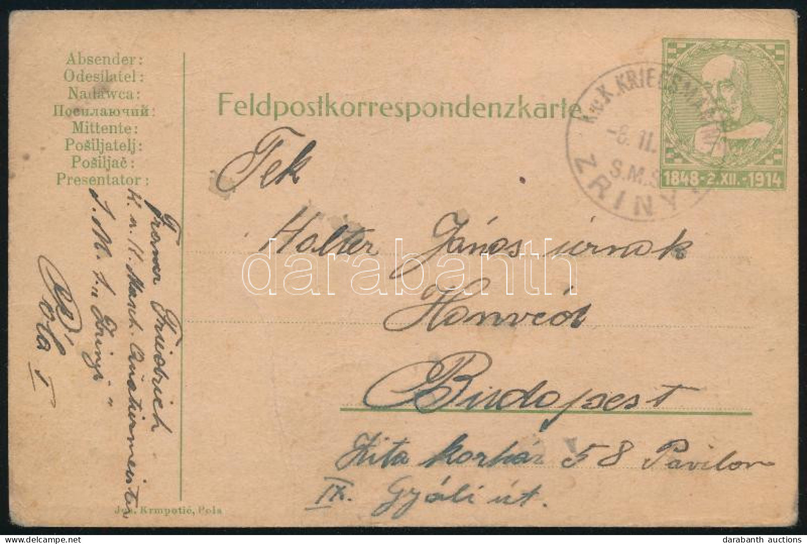 1915 Tábori Posta Díjjegyes Levelezőlap / Field PS-card "S.M.S. ZRINYI" - Other & Unclassified