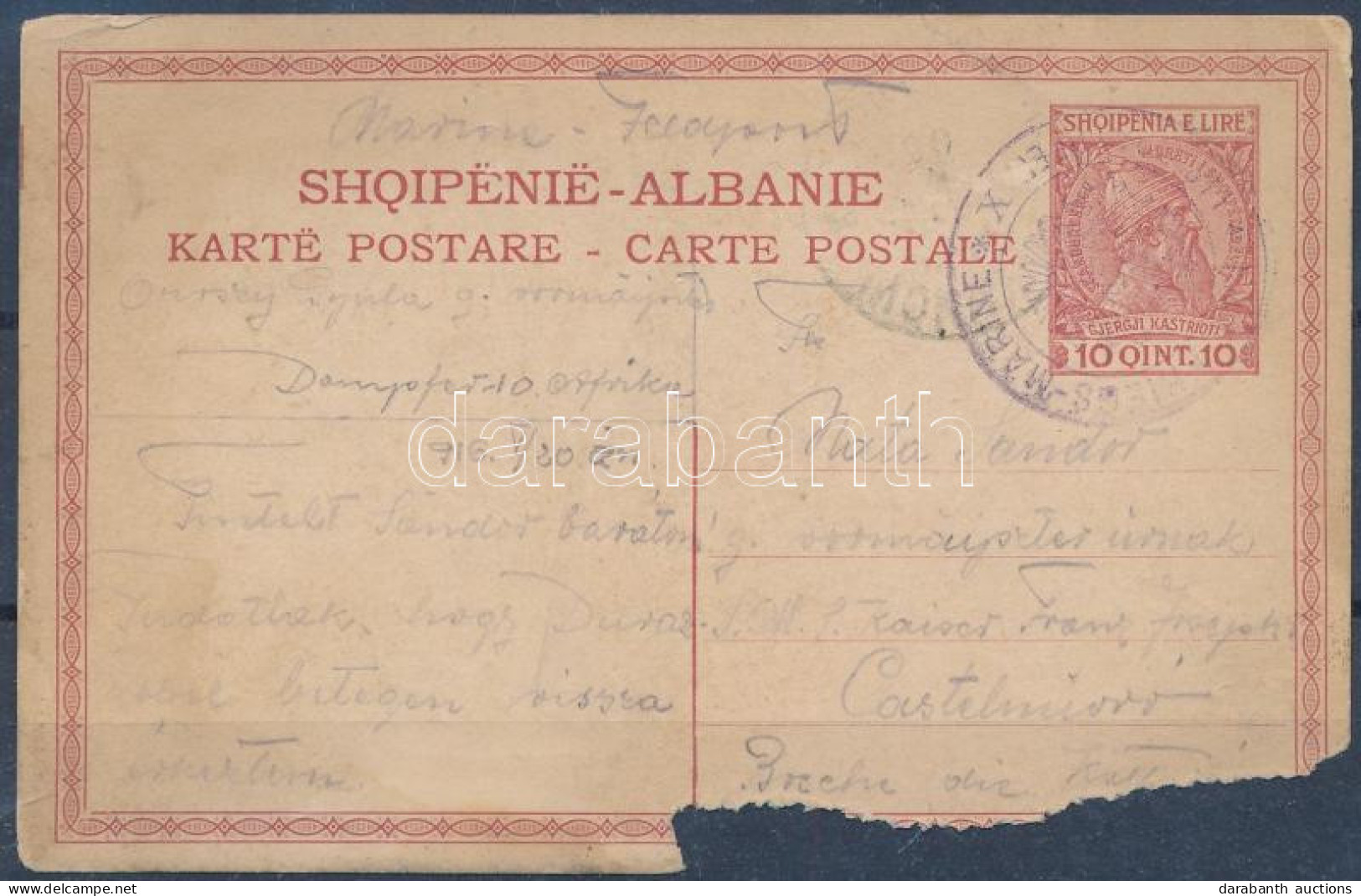 1916 Albán Díjjegyes Levelezőlap Hajós Tábori Postán Küldve (sérült) / Albanien PS-card "K.u.k. Kriegs-Marine Dampfer X. - Sonstige & Ohne Zuordnung