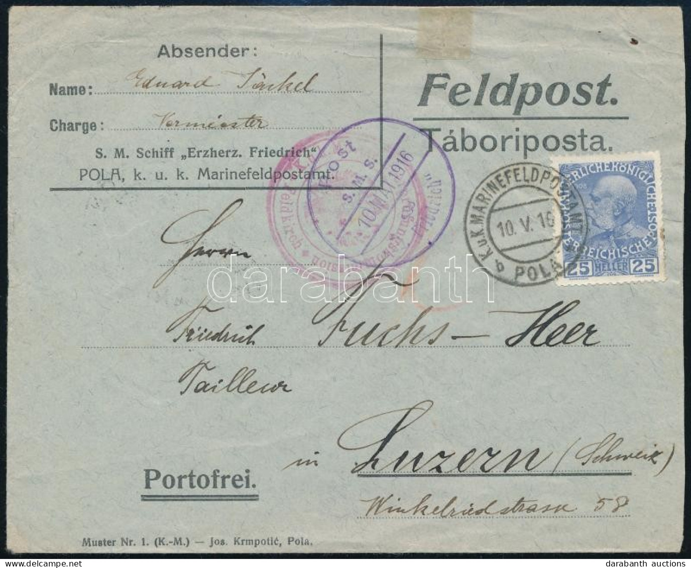 1916 Tábori Posta Levél / Field Post Cover "S.M.S. Erzherz Friedrich" - Other & Unclassified
