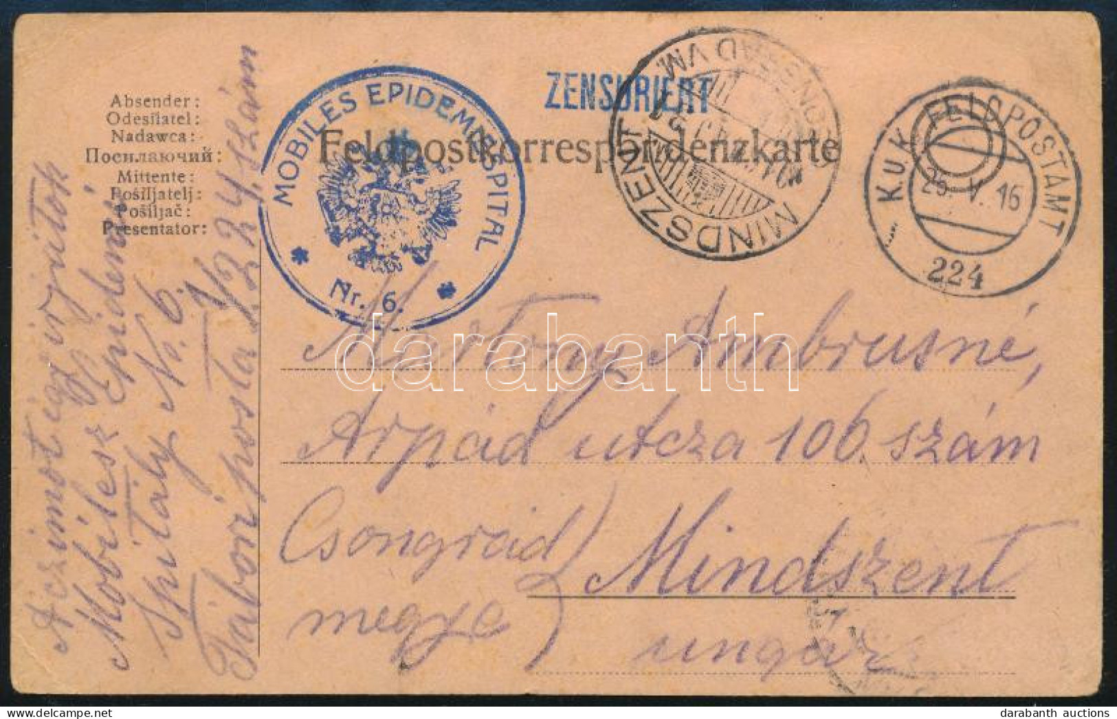 1916 Tábori Posta Levelezőlap / Field Postcard "MOBILES EPIDEMIESPITAL Nr.6." + "FP 224" - Sonstige & Ohne Zuordnung