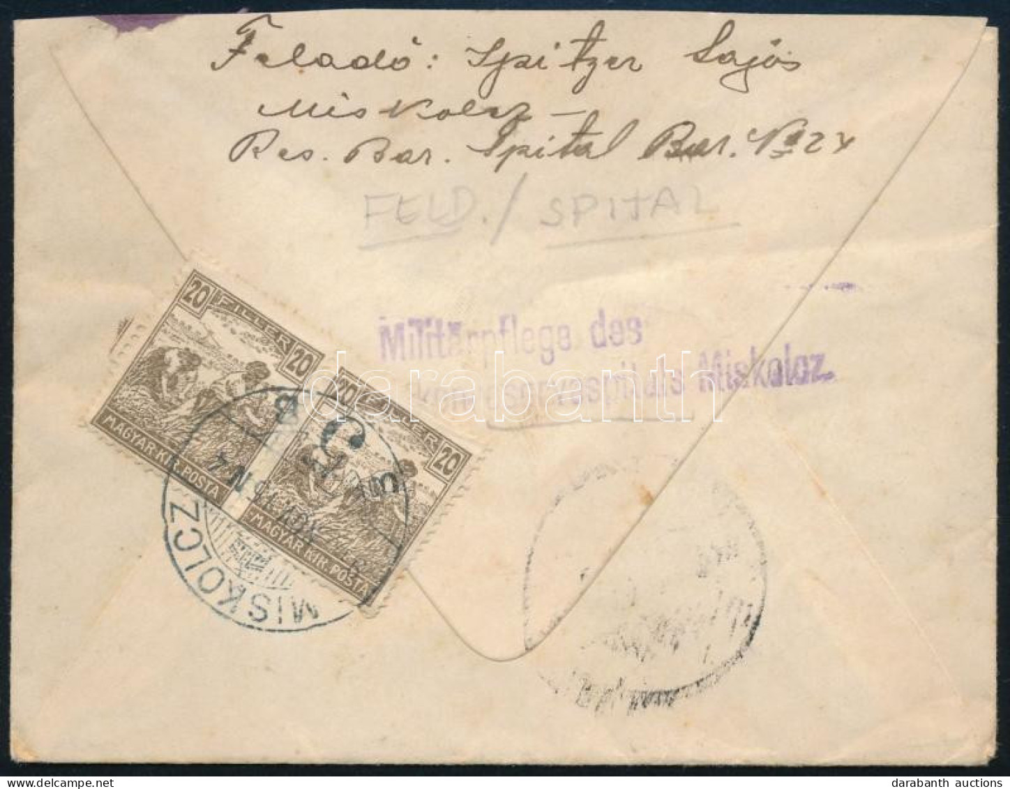 ~1917 Ajánlott Levél Arató 20f Párral és Tábori Bélyegzéssel / Registered Cover "Militärpflege Des ... Reservespitals Mi - Other & Unclassified