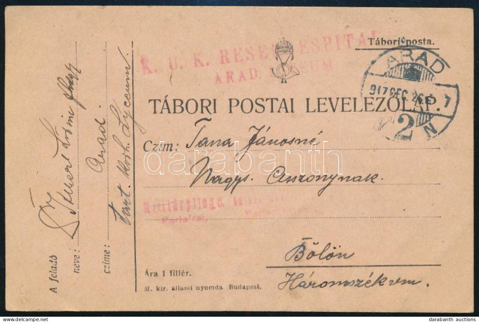 1917 Tábori Posta Levelezőlap / Field Postcard "K.u.K. RESERVESPITAL ARAD. LYCEUM" - Altri & Non Classificati