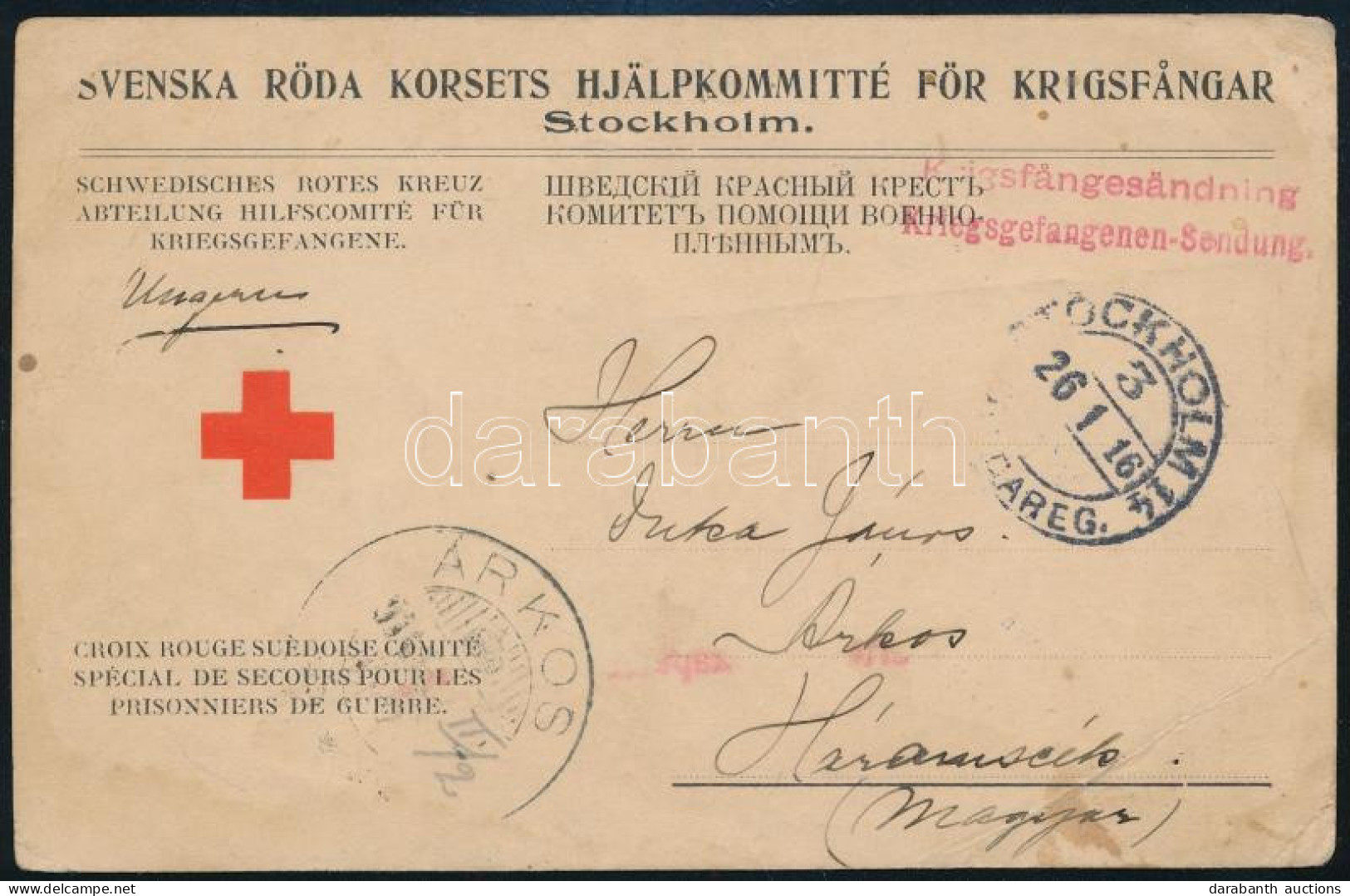 1916 Vöröskeresztes Levelezőlap Hadifogoly ügyben Stockholmból Árkosra / Red Cross Postcard About POW Case From Stockhol - Autres & Non Classés