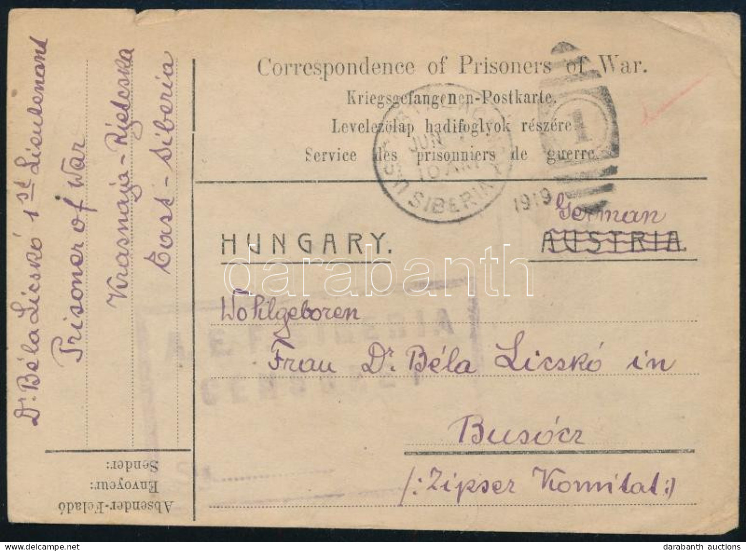 1919 Oroszországból Küldött Hadifogoly Levelezőlap Busózra, Amerikai Cenzúrával / Russian POW Postcard With American Cen - Sonstige & Ohne Zuordnung