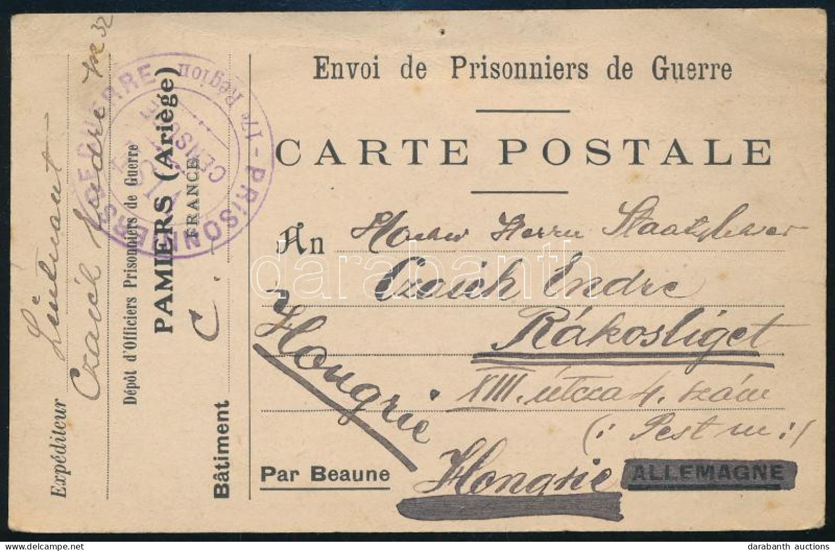 1919 Hadifogoly Levelezőlap Franciaországból Rákosligetre Küldve / POW Postcard From France - Andere & Zonder Classificatie