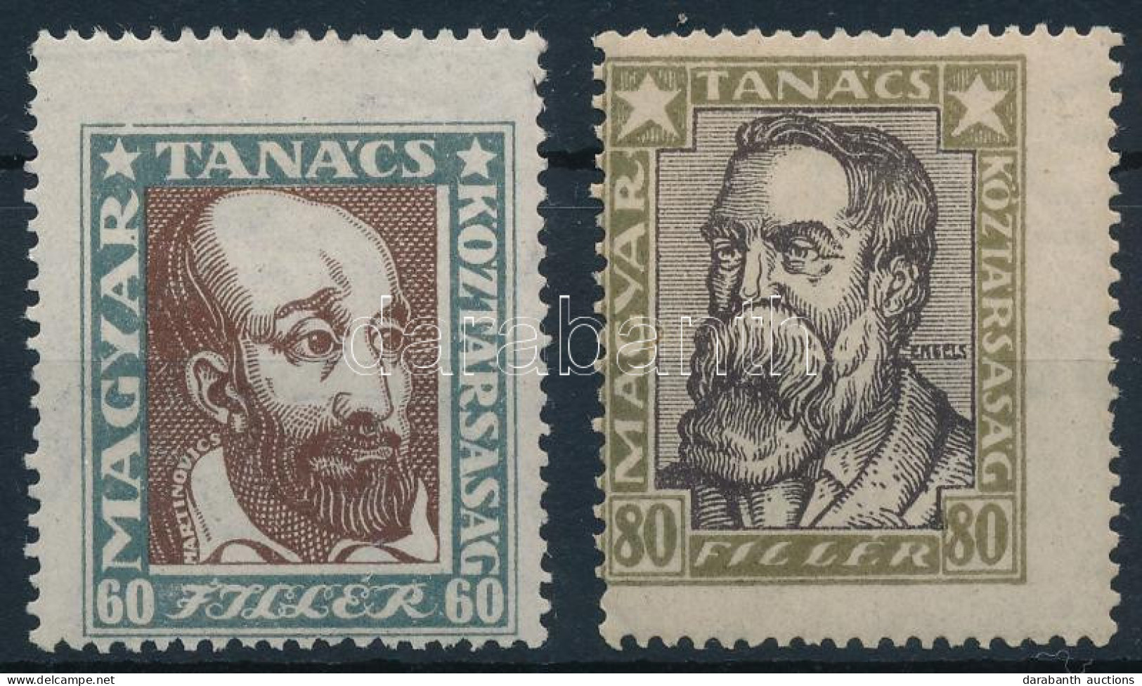 ** 1919 Magyar Tanácsköztársasági Arcképek 60f, 80f Elfogazva / Mi 263, 265 Shifted Perforation - Sonstige & Ohne Zuordnung