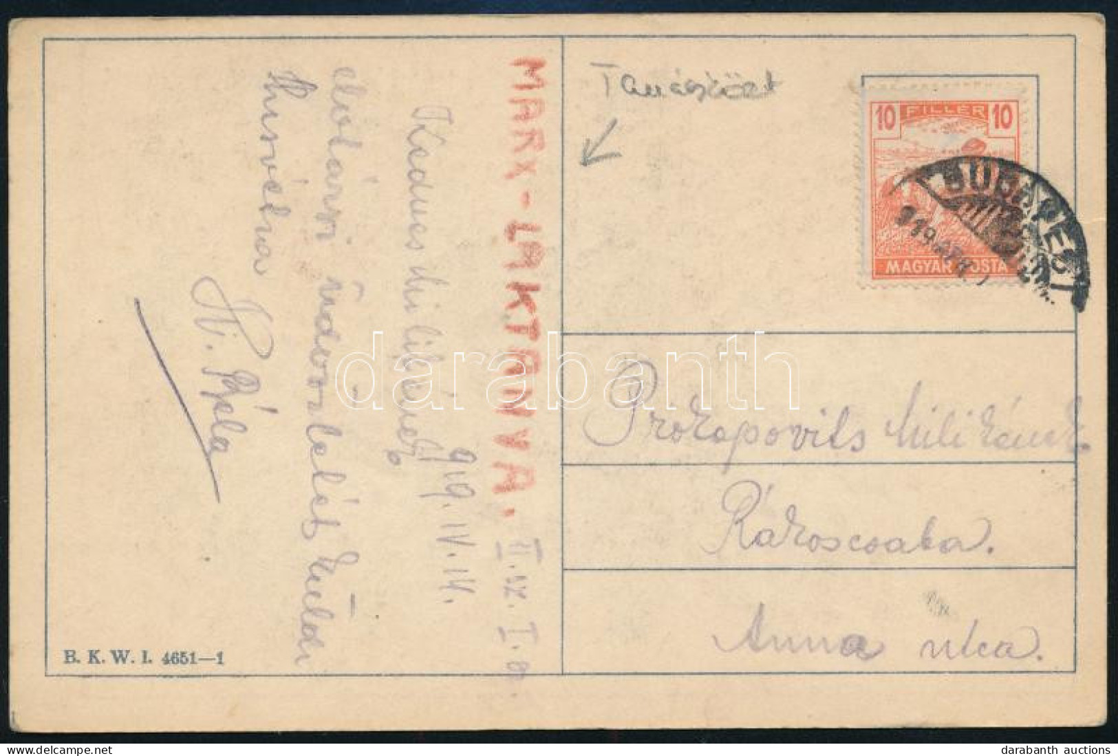 1919 Képeslap Budapestről Rákoscsabára / Postcard - Autres & Non Classés