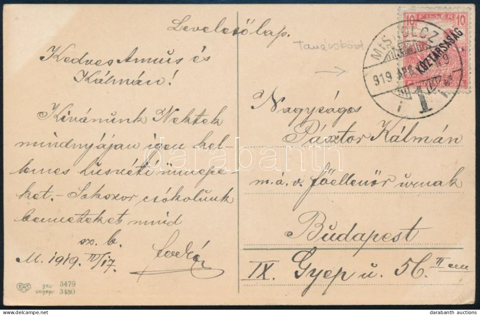 1919 Képeslap / Postcard "MISKOLCZ" - Budapest - Andere & Zonder Classificatie