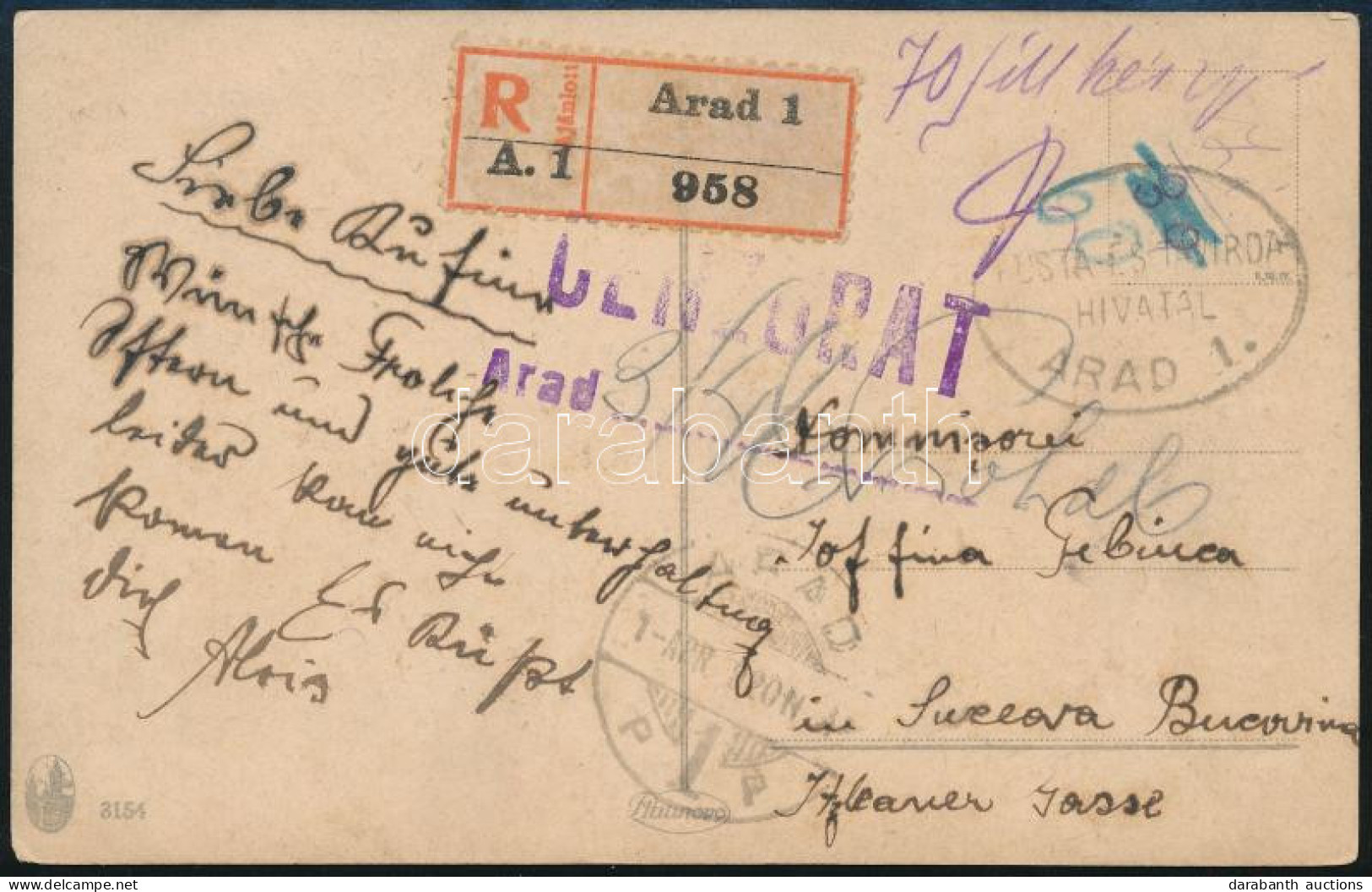 Arad 1920 Ajánlott Képeslap 70f Készpénzes Bérmentesítéssel, Cenzúrázva Bukowinába / Registered Postcard With Cash Frank - Sonstige & Ohne Zuordnung