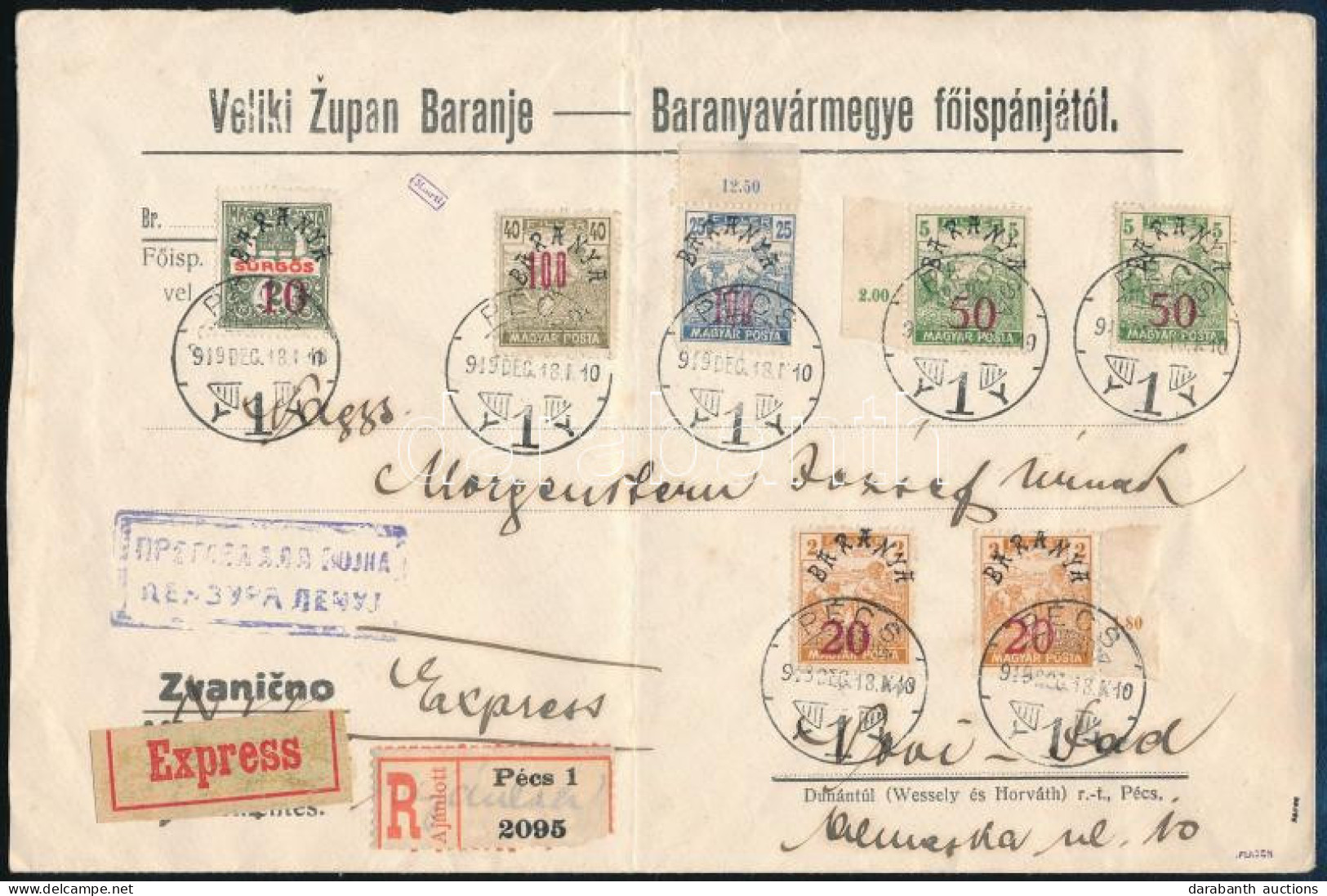 Baranya II. 1919 Ajánlott, Expressz, Cenzúrázott, Hivatalos Levél 7 Db Bélyeggel / Registered, Express, Censored, Offici - Otros & Sin Clasificación