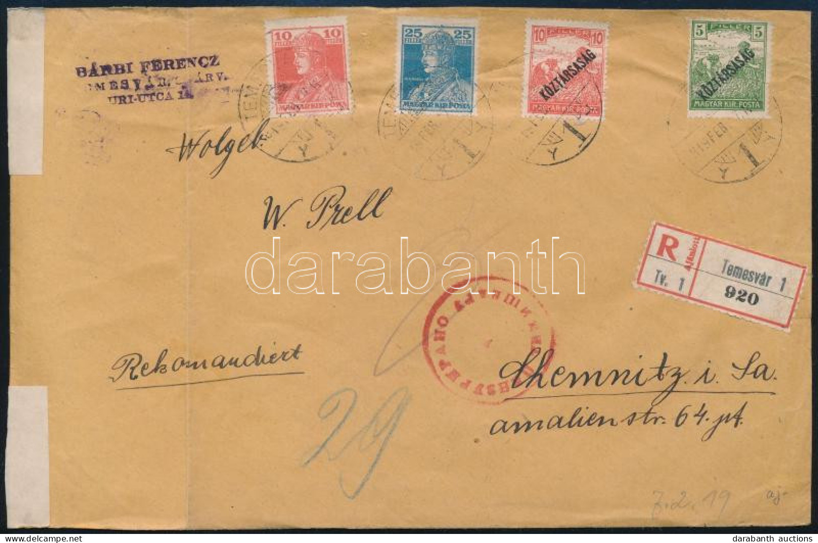 1919 Ajánlott Levél Temesvári Szerb Cenzúrával Chemnitzbe / Registered Censored Cover To Chemnitz "TEMESVÁR - Other & Unclassified