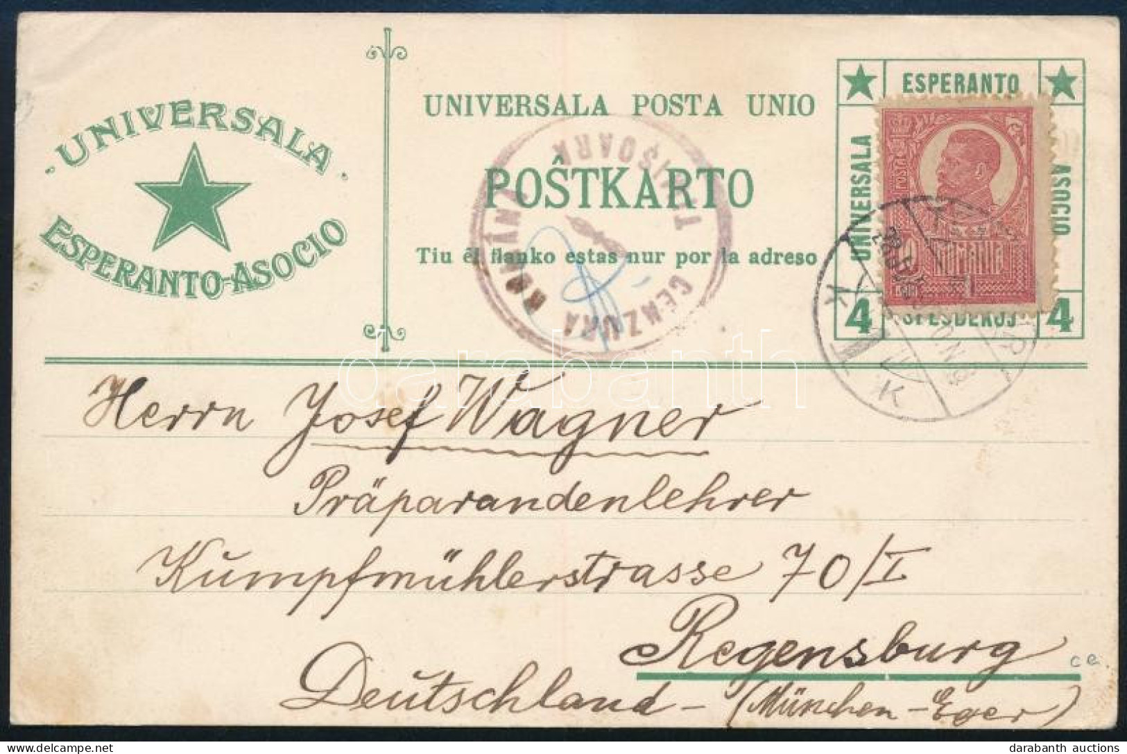 1920 UPU Eszperantó Levelezőlap Temesvári Cenzúrával Regensburgba / UPU Esperanto Postcard With Censorship "TEMESVÁR" -  - Autres & Non Classés
