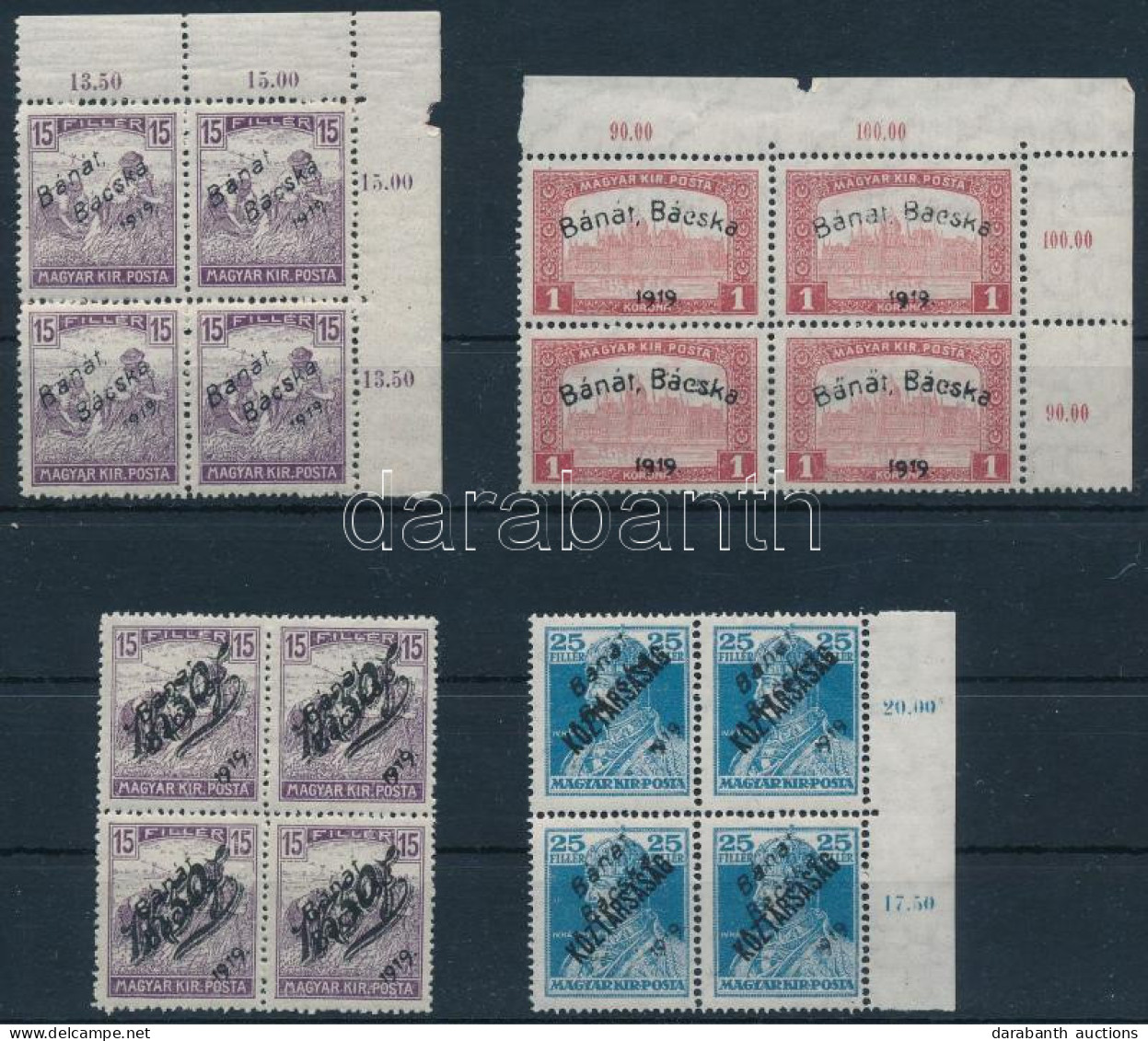 **, * Bánát-Bácska 1919 4 Klf Négyestömb, 1 Bélyeg Falcos / 1 Stamp Hinged. Signed: Bodor - Andere & Zonder Classificatie