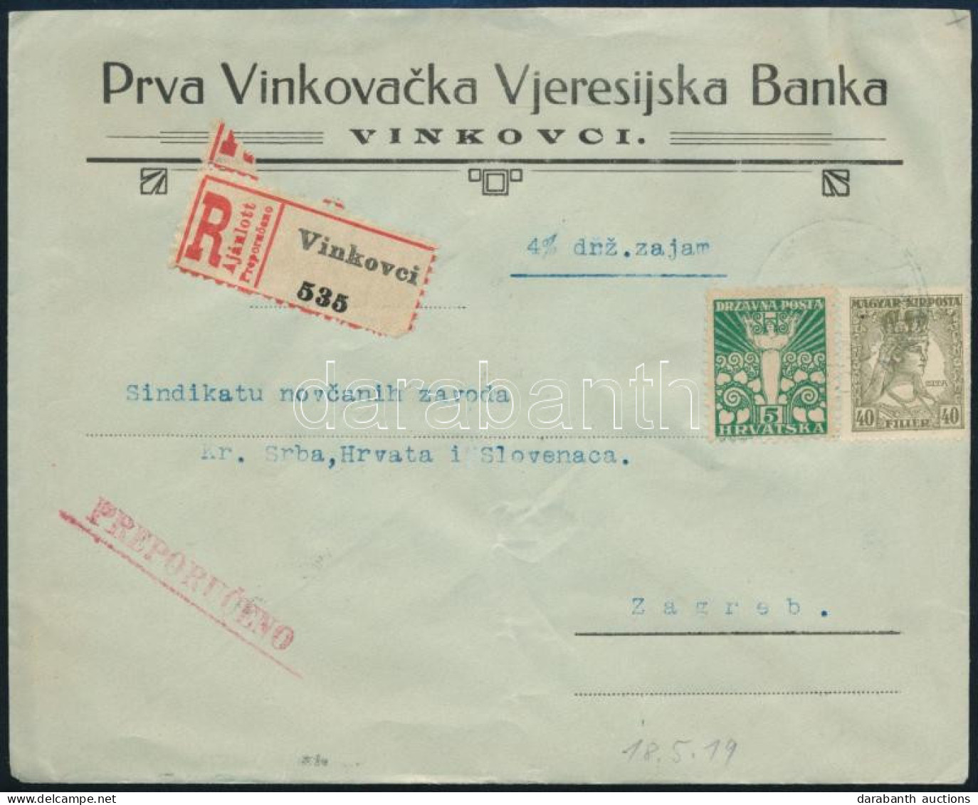 SHS 1919 Ajánlott Banklevél Magyar és Horvát Vegyes Bérmentesítéssel / Registered Bank Cover With Hungarian And Croatian - Other & Unclassified