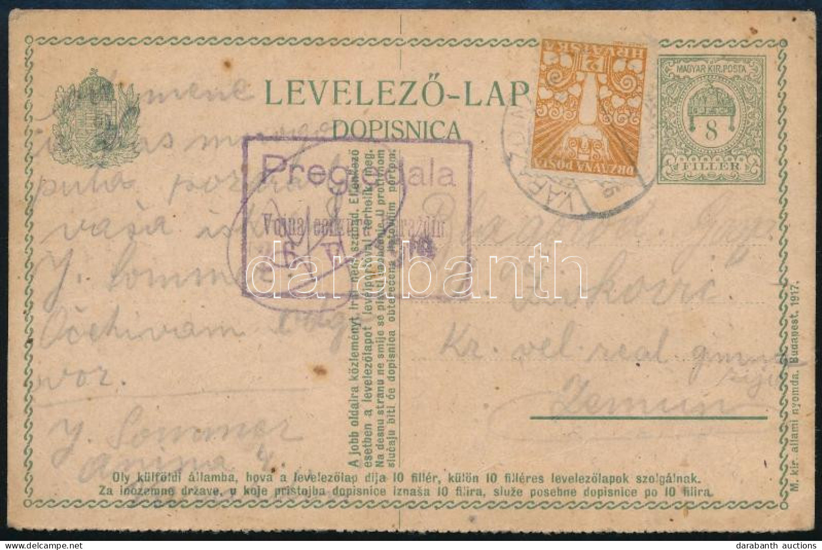 ~1919 8f Díjjegyes Kétnyelvű Levelezőlap Horvát Díjkiegészítéssel / 8f Bilingual PS-card With Croatian Additional Franki - Sonstige & Ohne Zuordnung