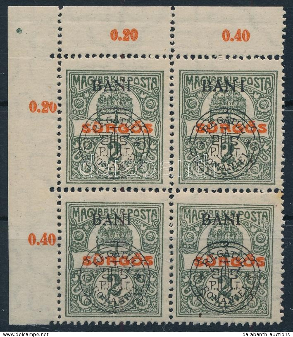 ** Kolozsvár 1919 Sürgős ívsarki Négyestömb Távol álló "I" Tévnyomattal / Mi 20 I Corner Block 4 With Plate Variety, Sig - Other & Unclassified