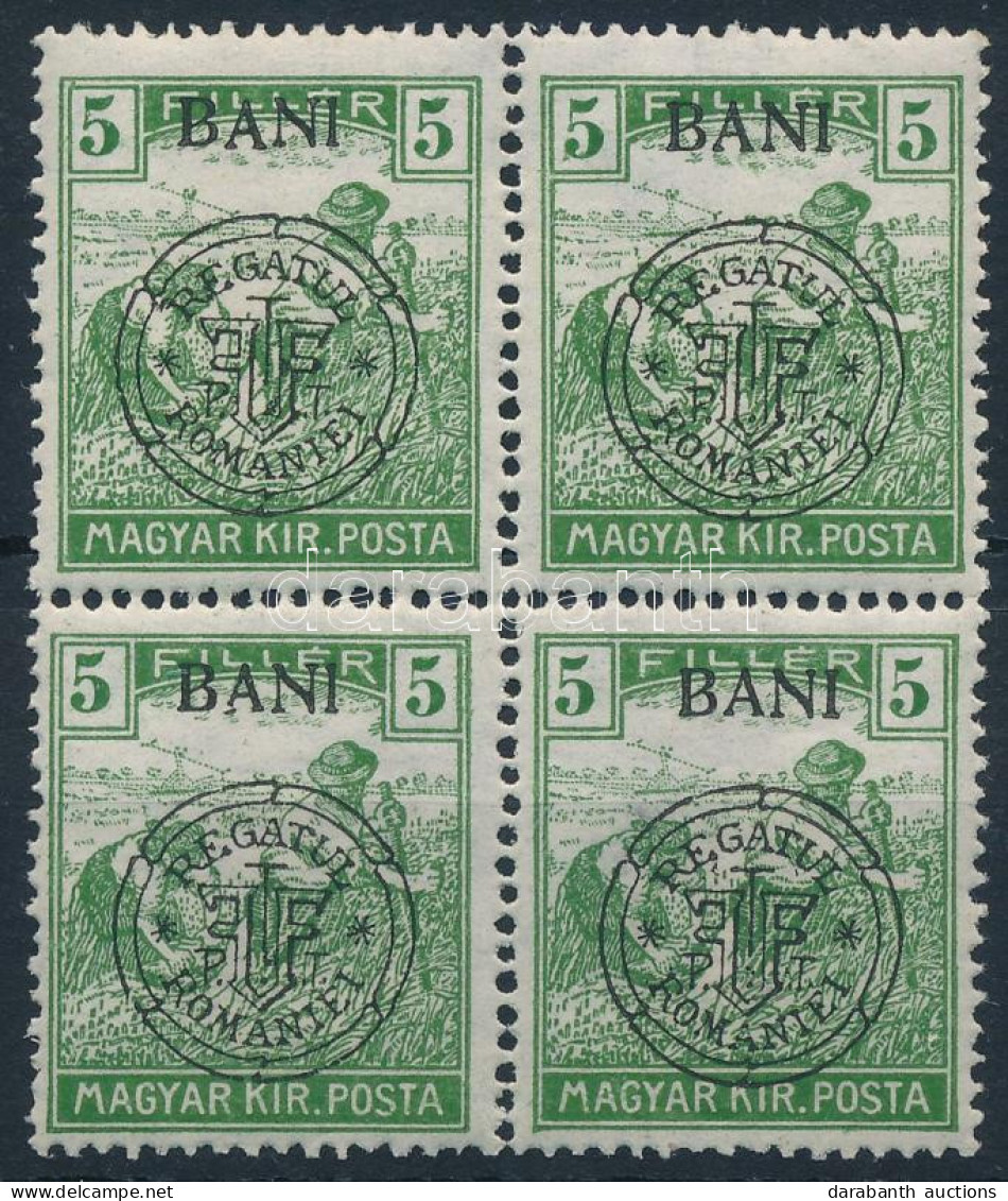 ** Kolozsvár 1919 Arató 5f 4-es Tömbben, A Jobb Felső Bélyegen Egyenes Szárú N Betű Lemezhiba / Mi 28 I. Block Of 4 With - Sonstige & Ohne Zuordnung