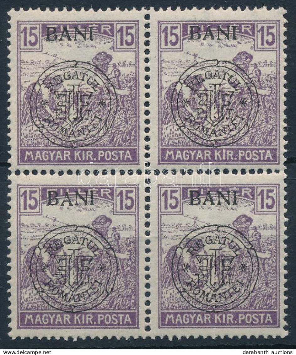 ** Kolozsvár 1919 Arató 15f 4-es Tömbben, A Jobb Alsó Bélyegen Egyenes Szárú N Betű Lemezhiba / Mi 32 I. Block Of 4 With - Other & Unclassified