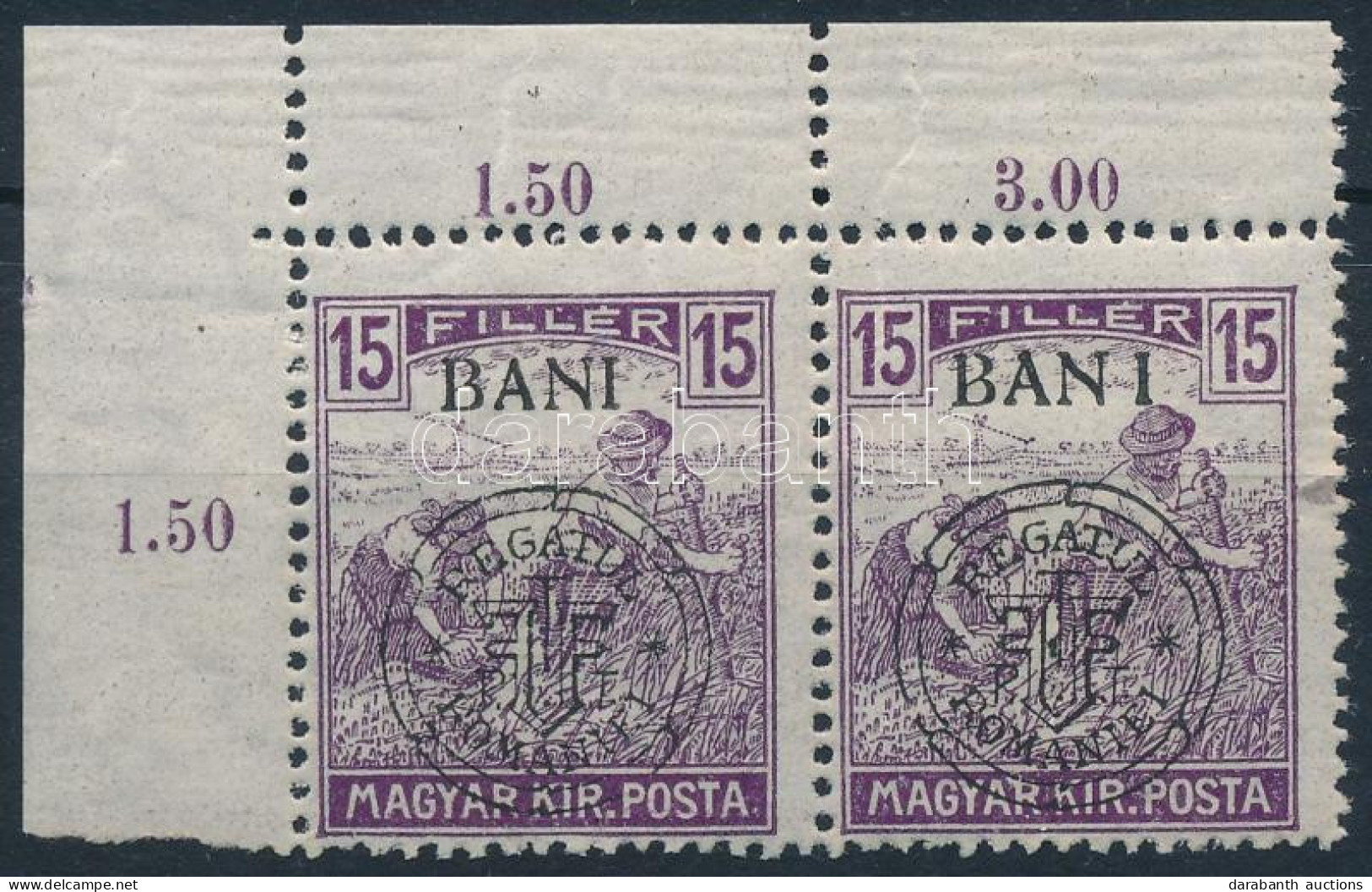 ** Kolozsvár 1919 Arató 15f ívsarki Pár A Jobb Oldali Bélyegen "BAN I" Tévnyomat / Mi 32 I. Corner Pair With Plate Varie - Sonstige & Ohne Zuordnung