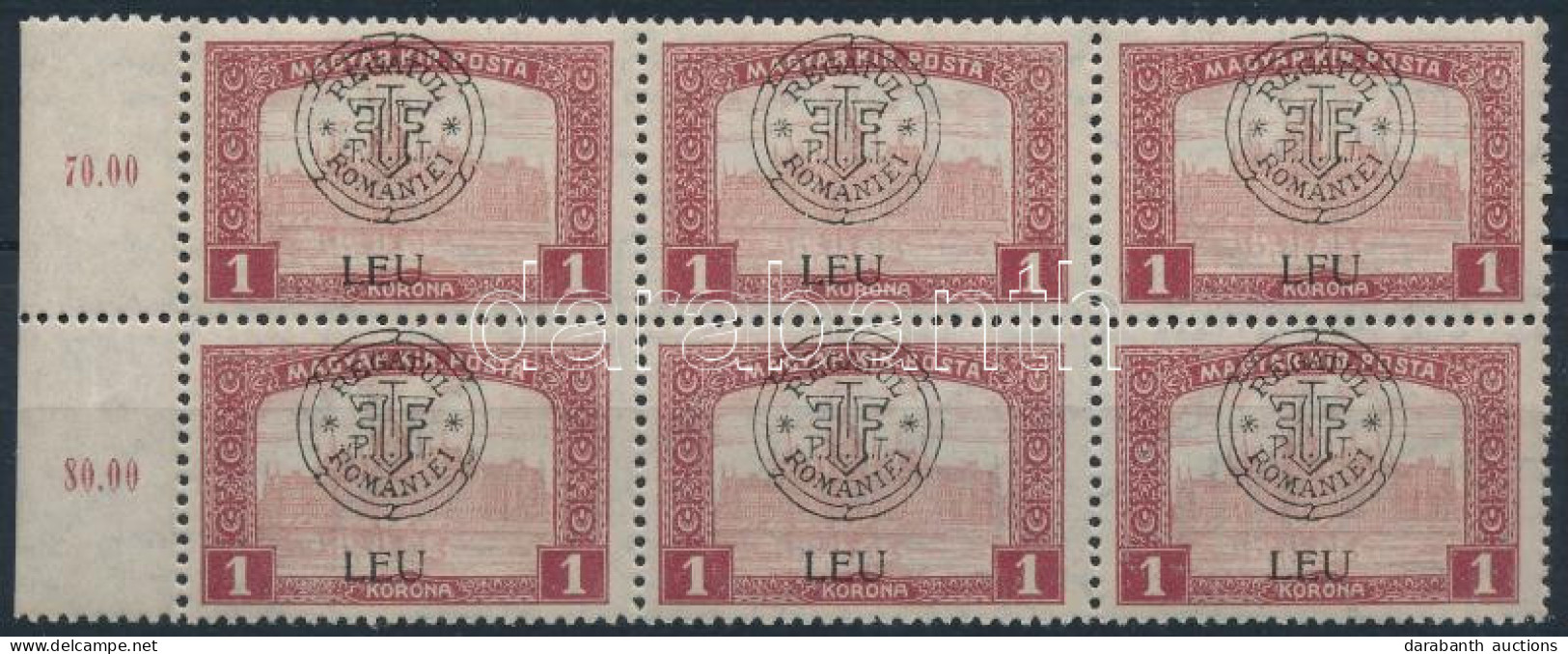 ** Kolozsvár 1919 Parlament 1K ívszéli 6-os Tömb, A Jobb Felső Bélyegen "LFU" Tévnyomat / Mi 40 I. Margin Block Of 6 Wit - Autres & Non Classés