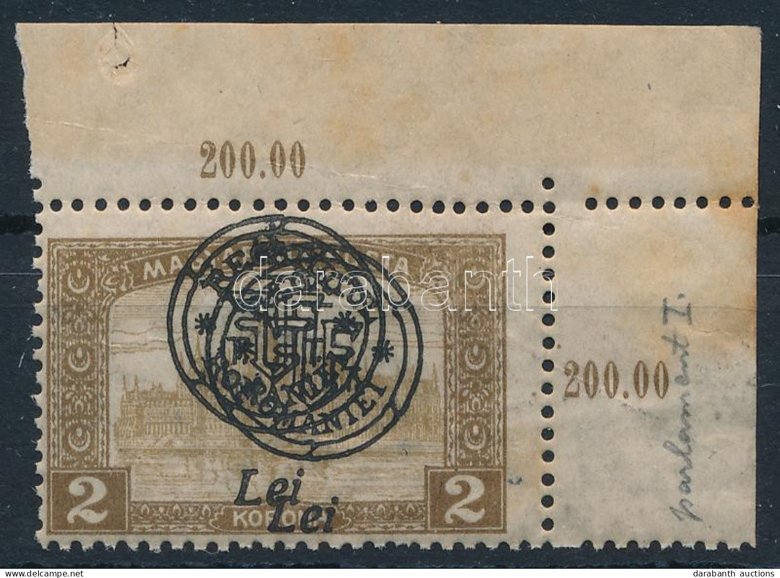 ** Nagyvárad 1919 Parlament 2K ívsarki, Kettős Felülnyomással (rozsda) / Mi 41 II. With Double Overprint. Signed: Bodor  - Other & Unclassified