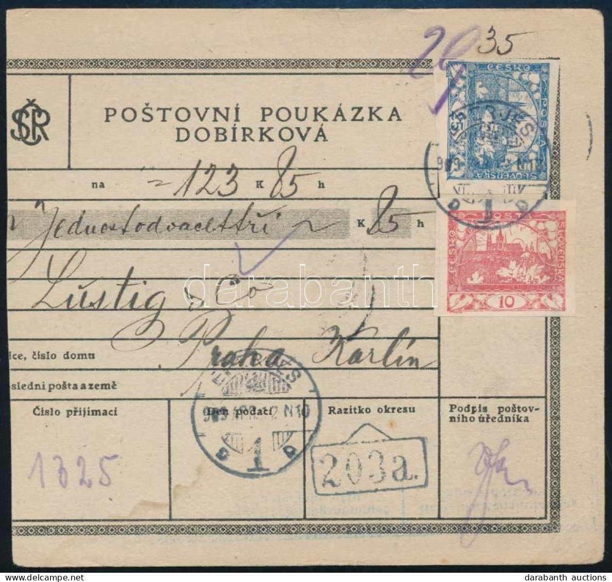 1919 Csehszlovák Csomagszállító 2 Db Bélyeggel, "EPERJES" Túlélő Bélyegzéssel / Czechoslovakia Parcel Card With Hungaria - Autres & Non Classés
