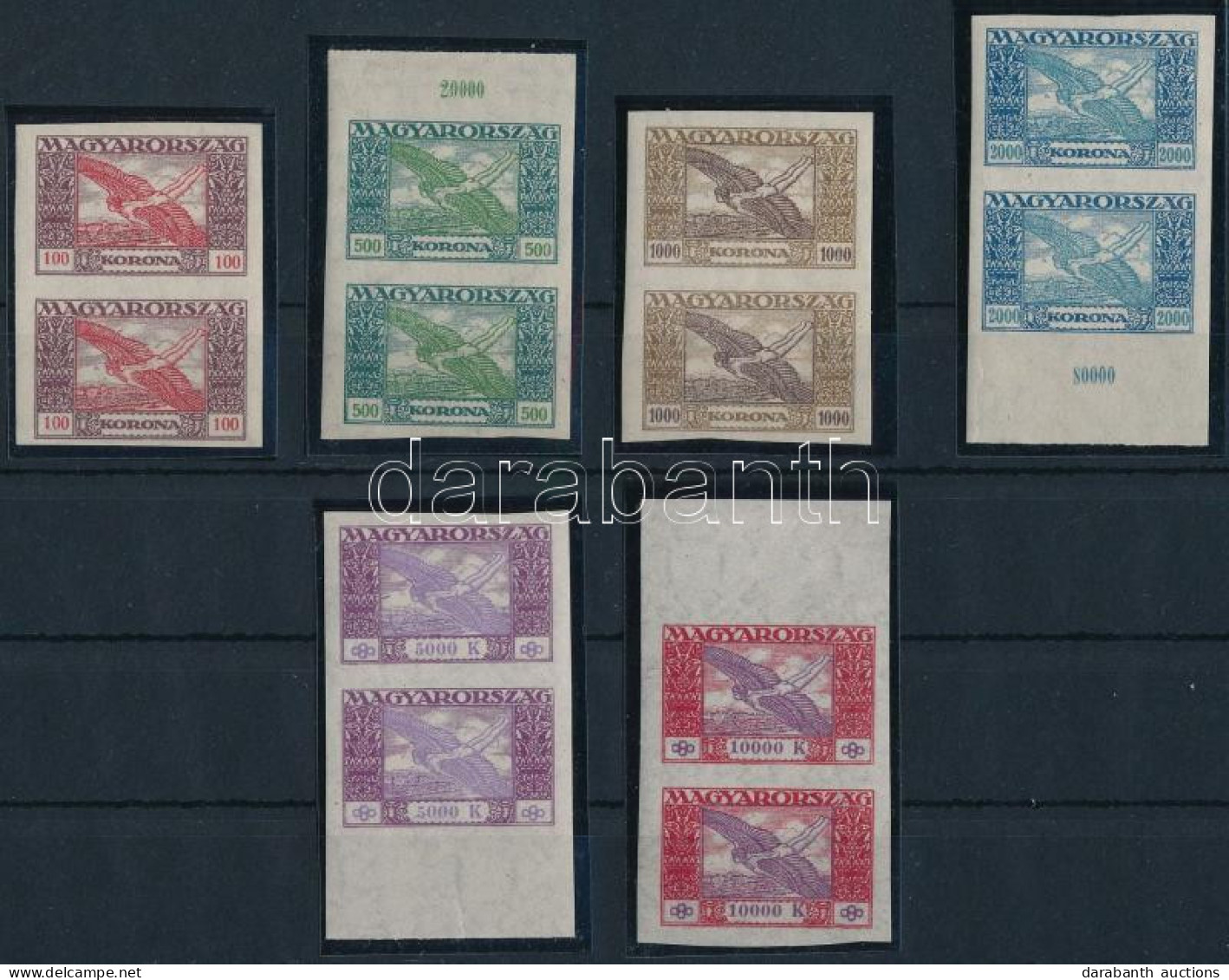 **, * 1924 Ikarusz Vágott Sor Párokban (**60.000) (1 X 100K, 2000K, 5000K Falcos) / Mi 383-388 Imperforate Set In Pairs  - Andere & Zonder Classificatie