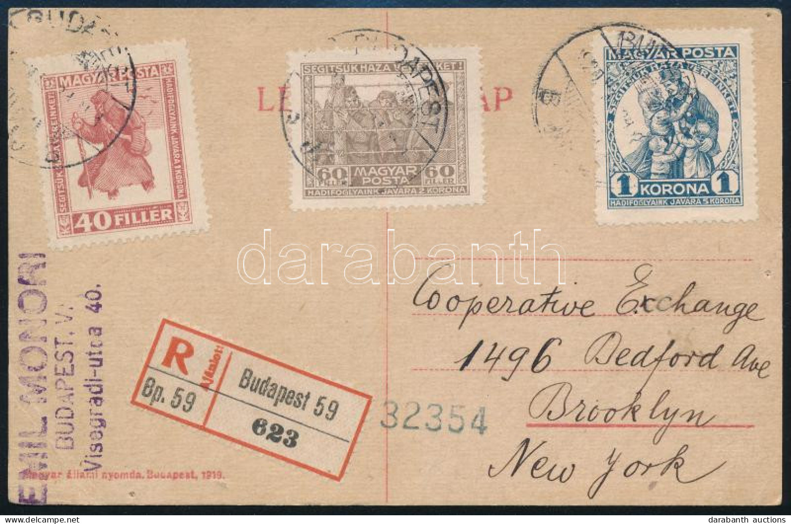 1920 Ajánlott Levelezőlap Hadisegély Sorral New Yorkba / Registered Postcard To New York - Sonstige & Ohne Zuordnung