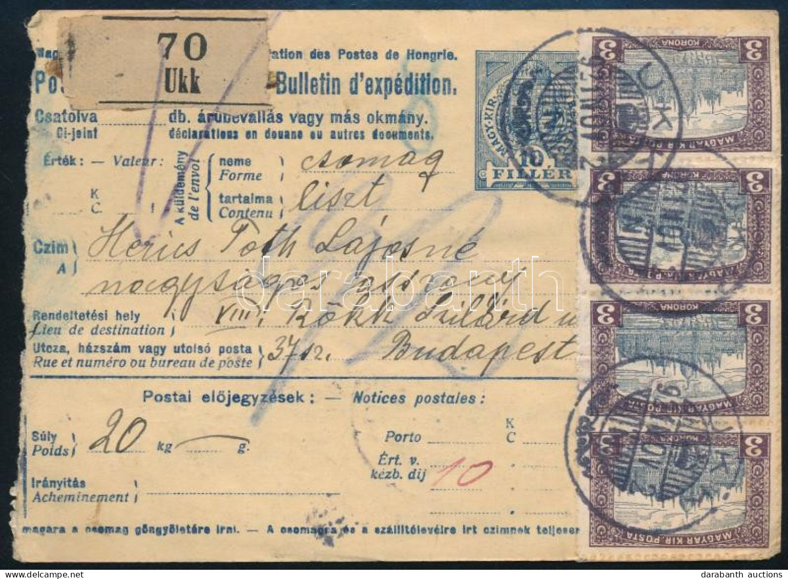 1921 Csomagszállító 40K Bérmentesítéssel / Parcel Card With 40K Franking "UKK" - Andere & Zonder Classificatie